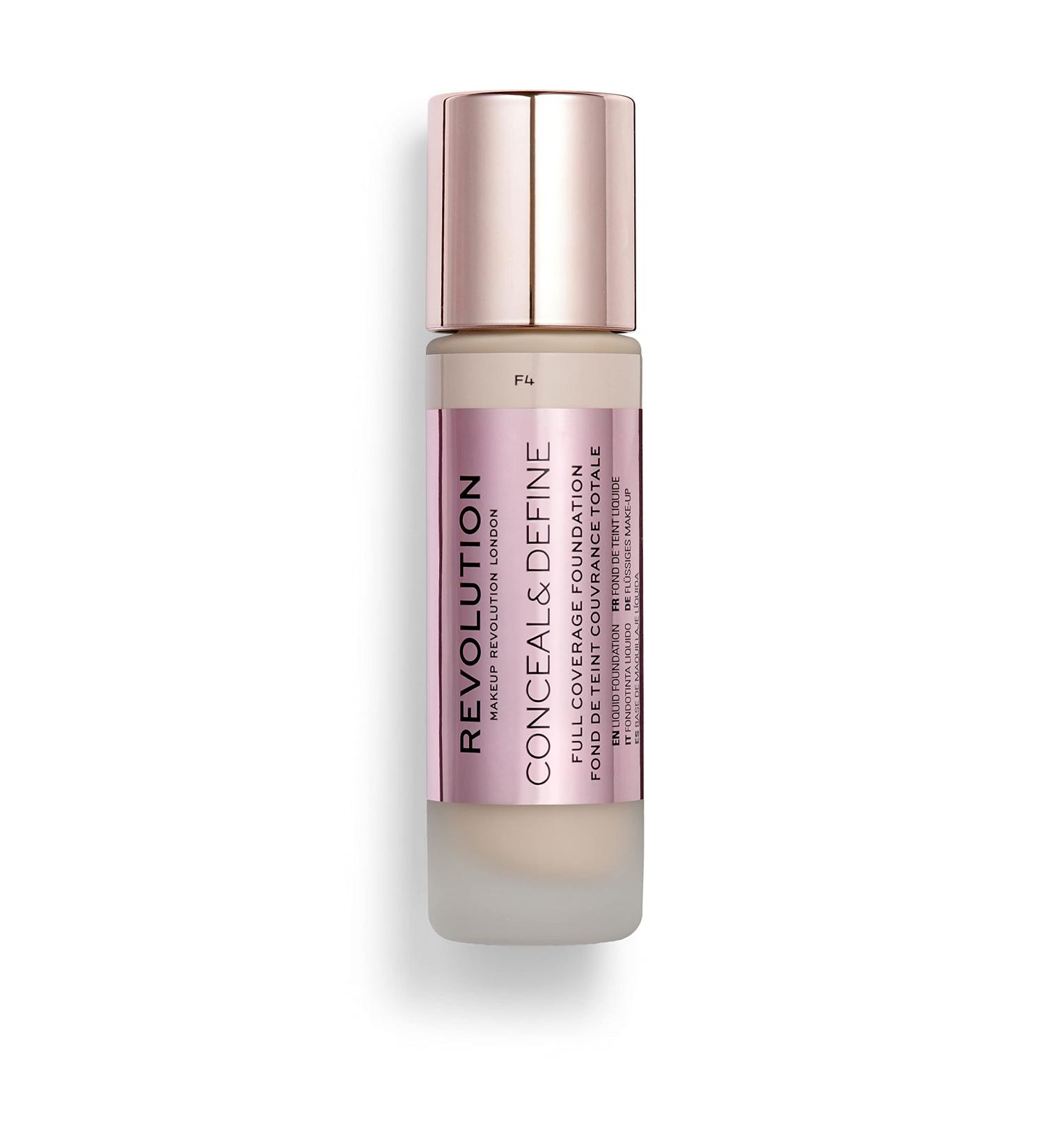Makeup Revolution Conceal & Define Cream Foundation for Light Skin Tones - Full Coverage, Vegan, and Cruelty-Free - F4 23ml - Buy Online on GoSupps.com
