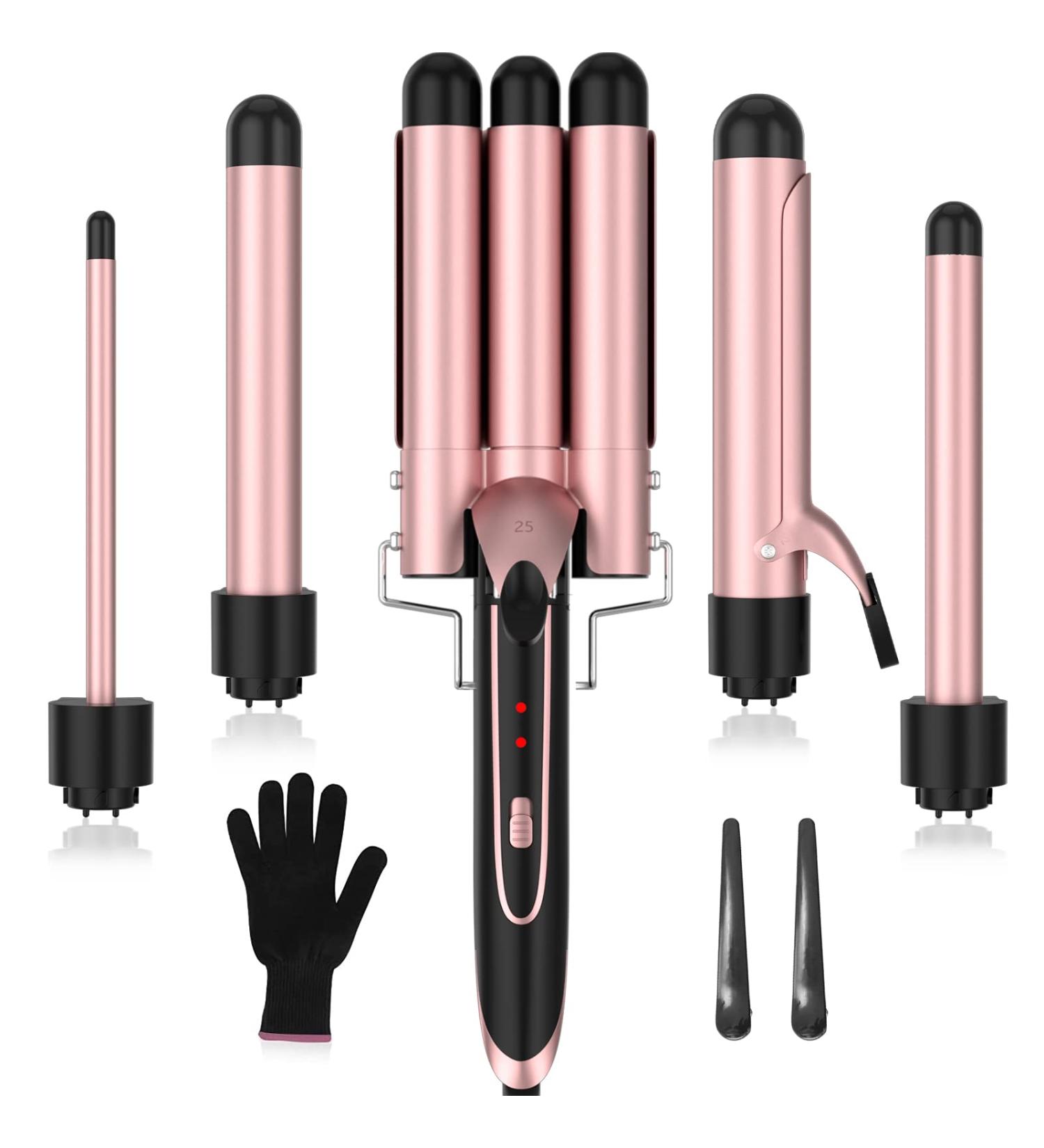 5 in 1 Curling Iron Set - Interchangeable Ceramic Curling Wand & Hair Crimper with Protective Gloves - Instant Heating Dual Temperature Stylish Pink - Buy Online on GoSupps.com