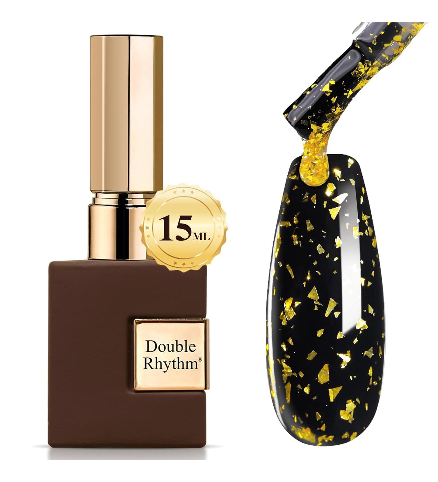 Double Rhythm 15ML No Wipe Gel Top Coat & Base Coat | Iridescent Glitter 2-in-1 Nail Polish for DIY Home Salon - Soak Off Manicure (Gold - Buy Online on GoSupps.com