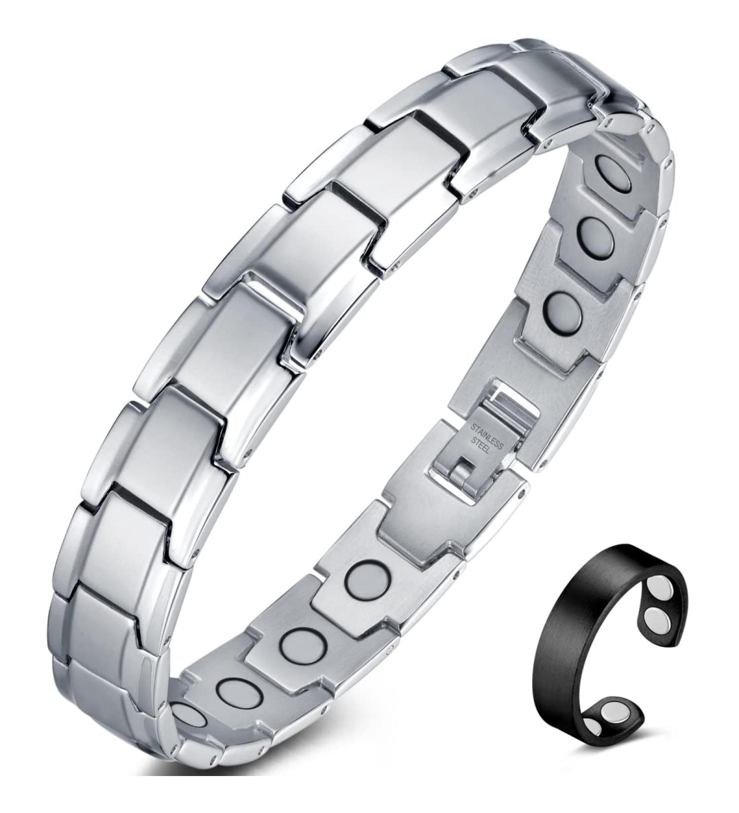 Vicmag Magnetic Bracelet for Men Titanium Steel with Ultra Strength Magnets - Single-Row Silver | Adjustable with Tool & Gift Box - Buy Online on GoSupps.com