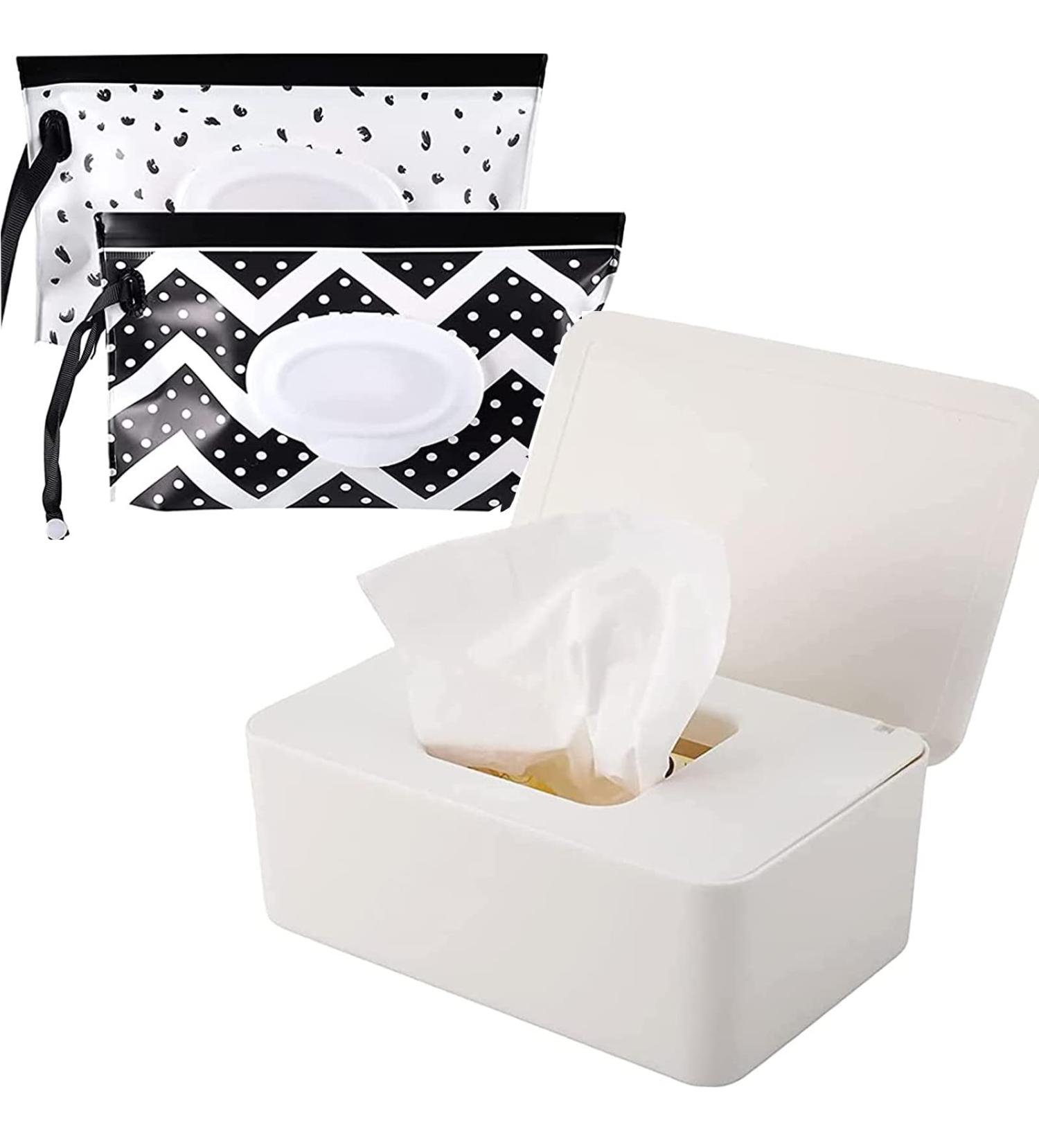 Wet Wipes Dispenser Box with 2 Baby Wipes Pouches - Dustproof & Reusable, Travel-Friendly - White - Buy Online on GoSupps.com