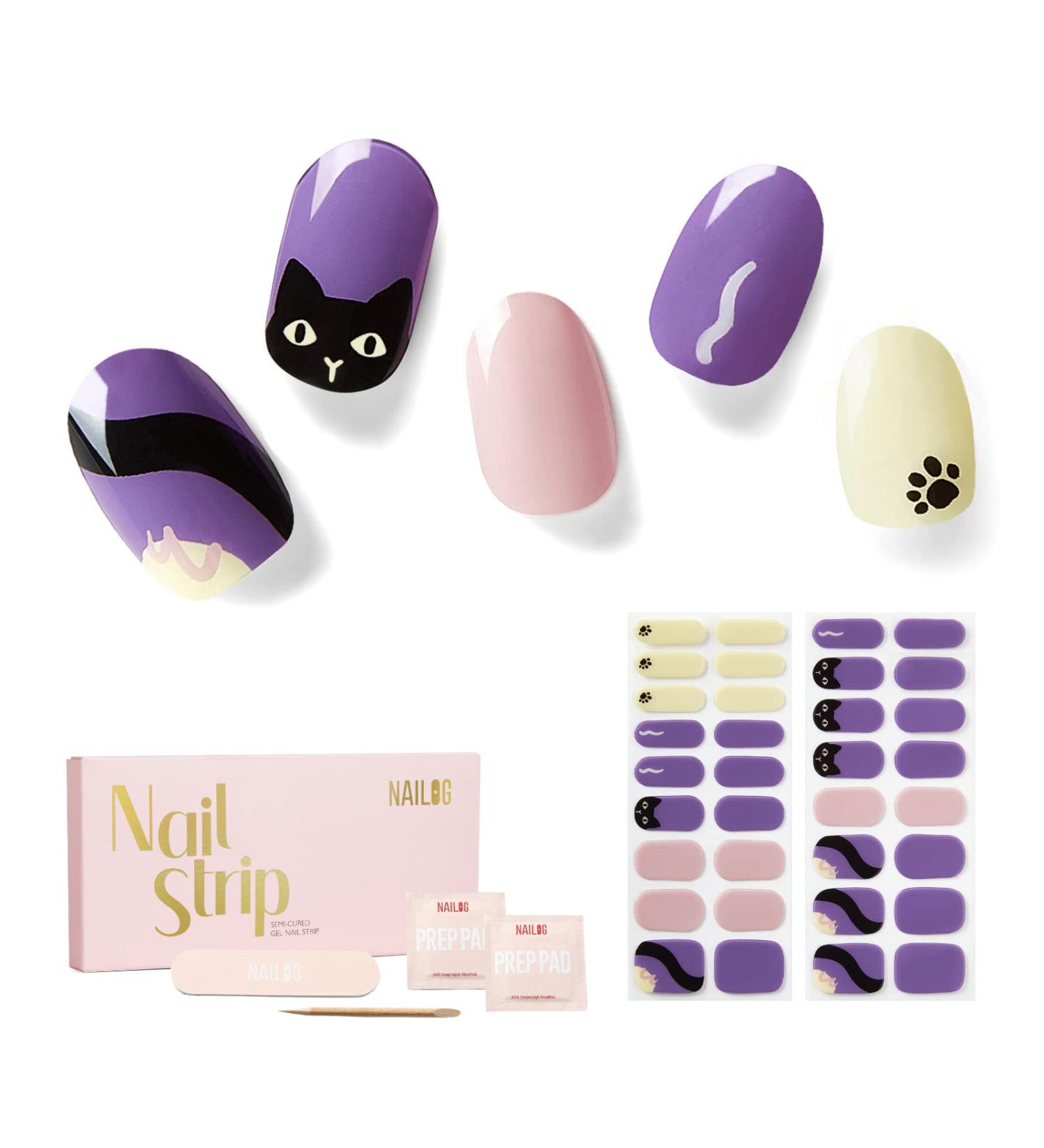 NAILOG Semi Cured Gel Nail Strips 34 pcs Salon-Quality Gel Nail Stickers Long Lasting Nail Wraps for Women with Soft Gel Finish Animal Print Black Cat - Buy Online on GoSupps.com