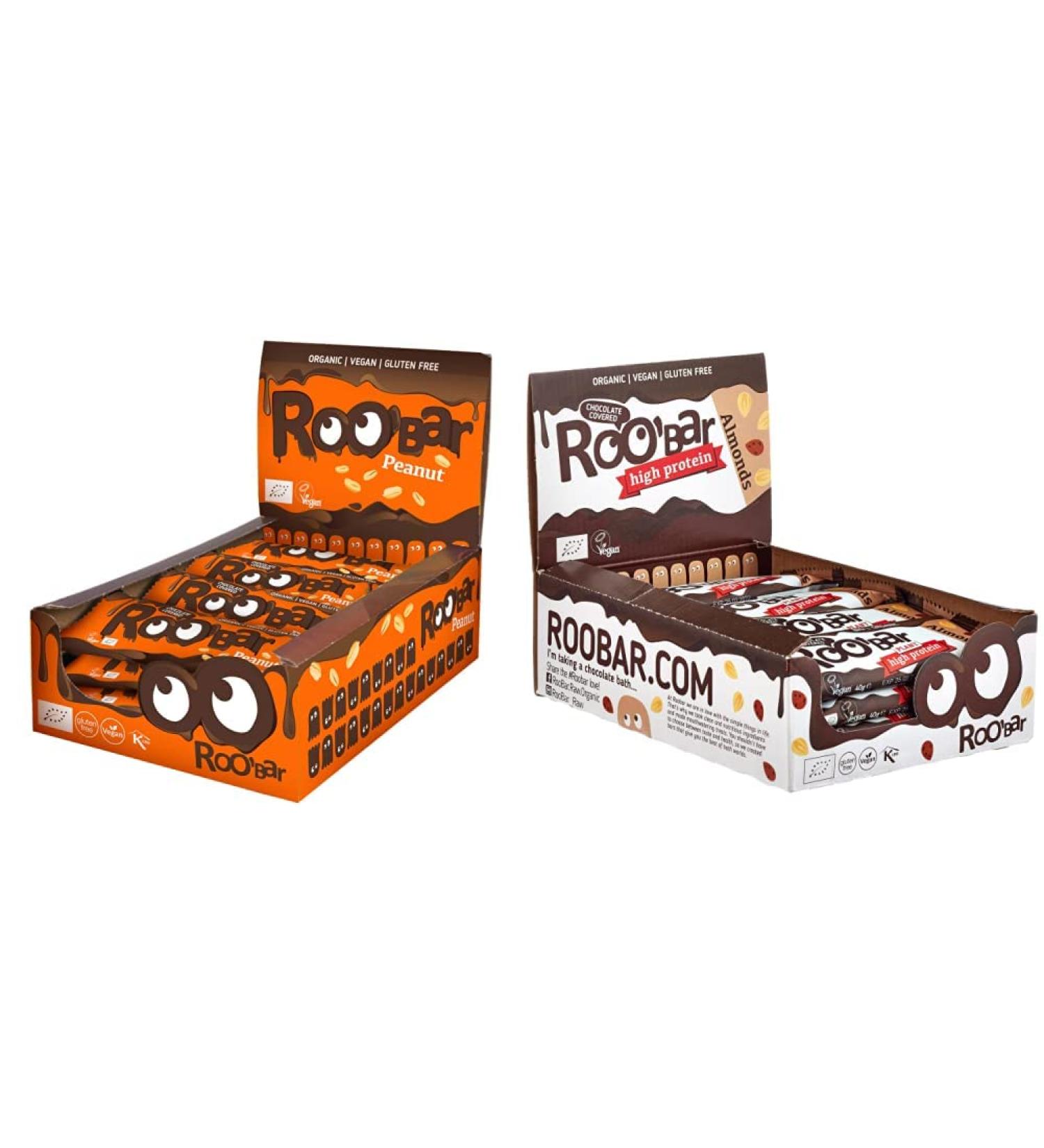 Roobar Peanut & Almond Chocolate Coated Bars - 100% Organic Vegan Gluten-Free High Protein Bundle (16x30g + 16x40g) - Buy Online on GoSupps.com