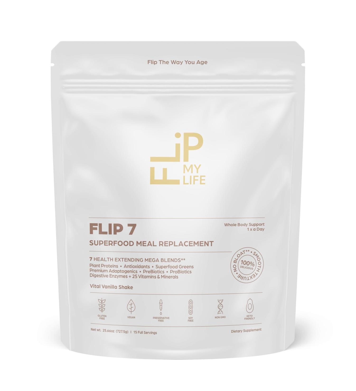 Flip My Life Flip 7 Natural SuperFood Plant-Based Protein Complete Meal Replacement to Support Healthy Gut 7 Mega Nutrient Rich Blends all in one to AGE BETTER - Vanilla - Buy Online on GoSupps.com