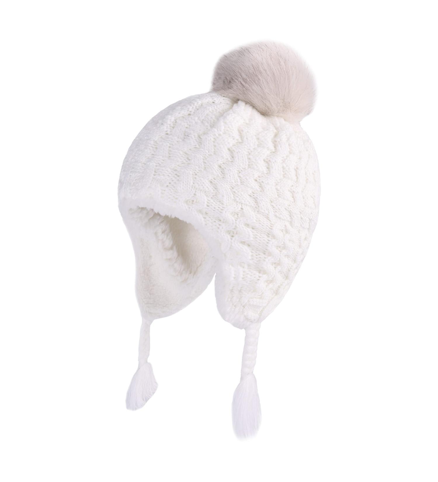 LANGZHEN Toddler Winter Hat Earflap Knit Cap Fleece Lined Beanie - White (6-12 Months) - Buy Online on GoSupps.com