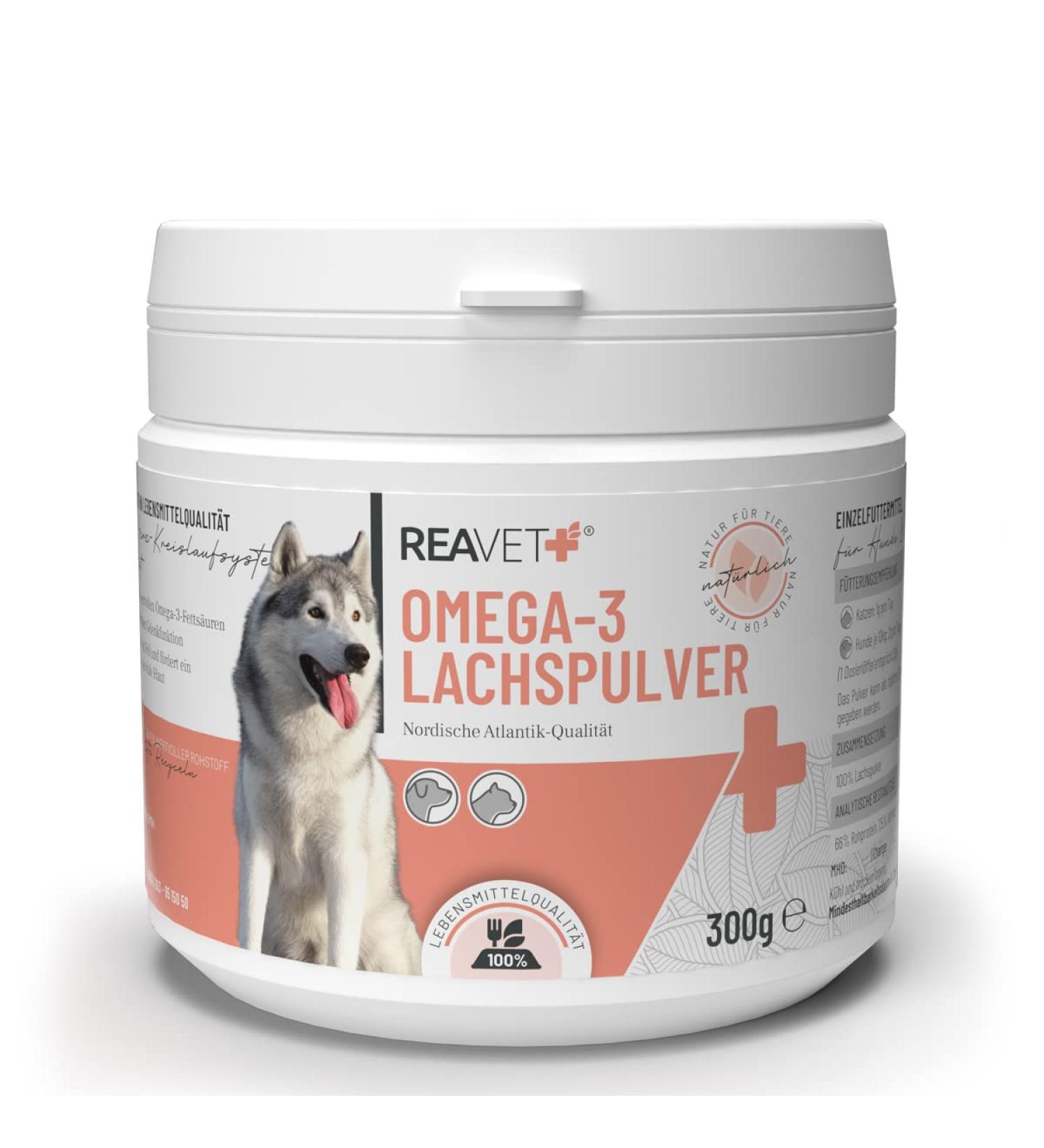 ReaVET Omega-3 Salmon Powder for Dogs and Cats 300g Natural Salmon Meal for Shiny Coat with Essential Fatty Acids Alternative to Salmon Oil - Buy Online on GoSupps.com
