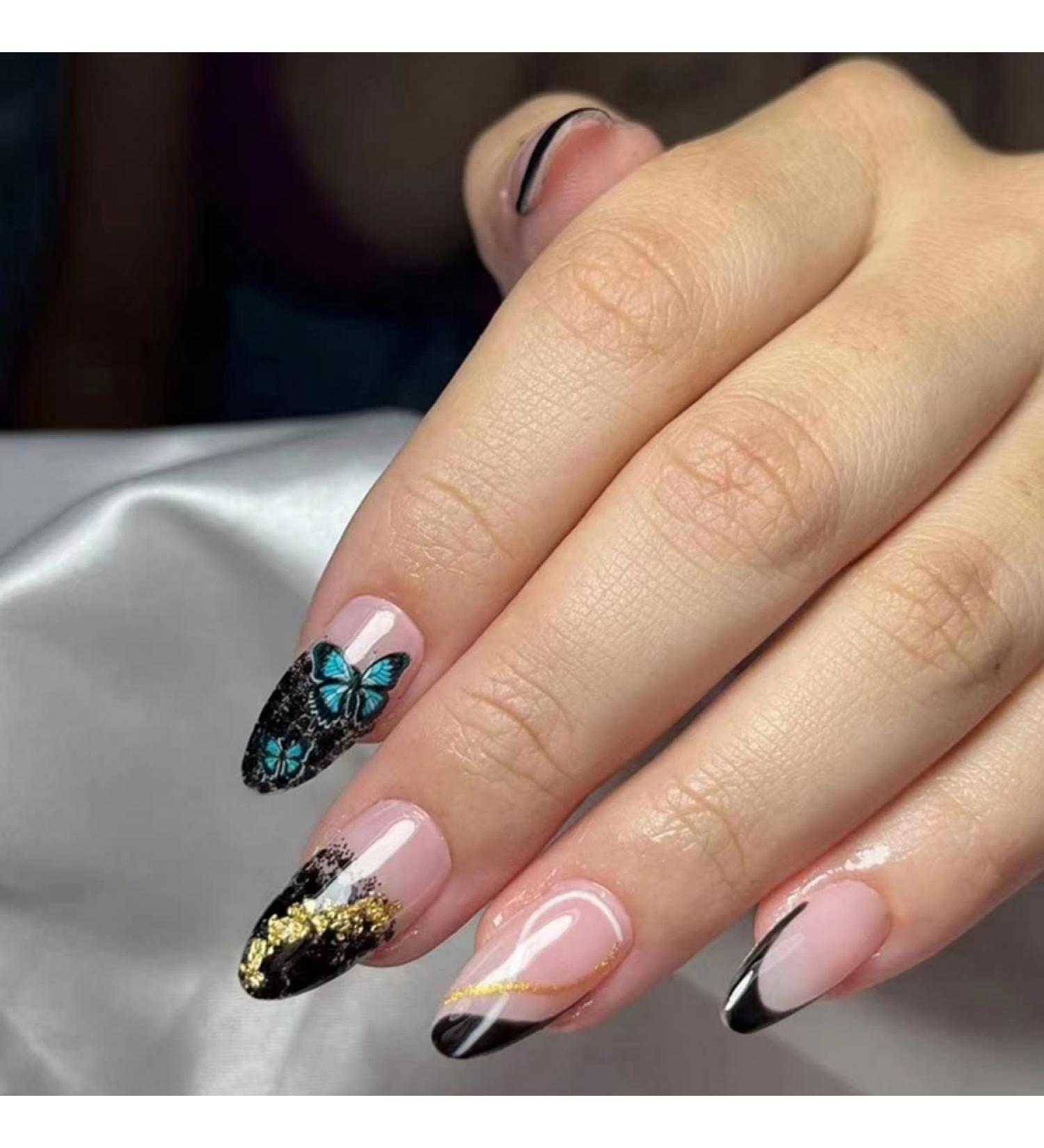 JUSTOTRY 24 Pcs Black Glitter Butterfly Almond Short False Nails with Nail Glue - Oval Medium Stick on Nails for Women - Buy Online on GoSupps.com