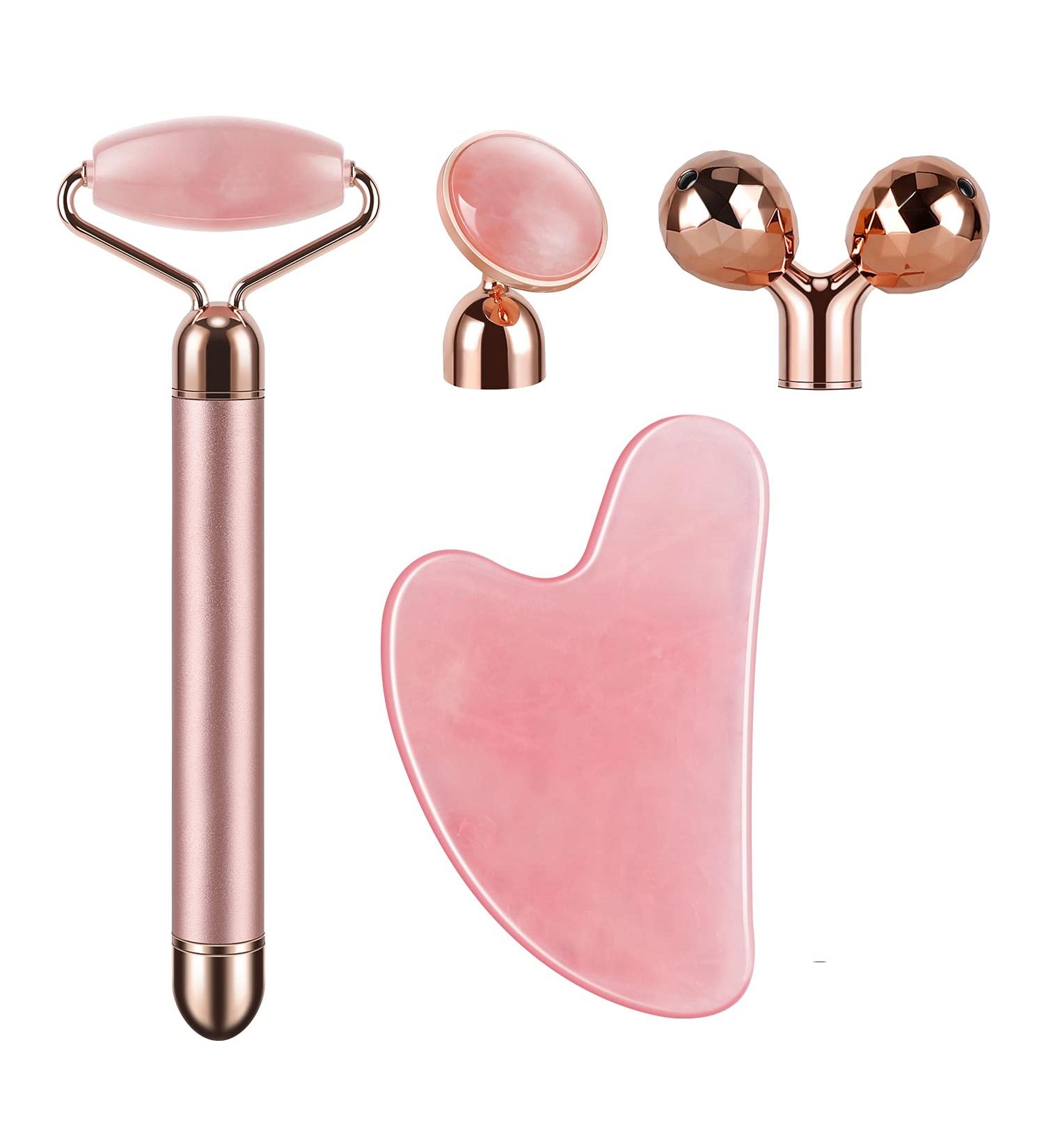 4-in-1 Rose Quartz Face Massager & Gua Sha Set | Electric Eye Roller for Glowing Skin - Perfect Skin Care Tool for Women - Buy Online on GoSupps.com