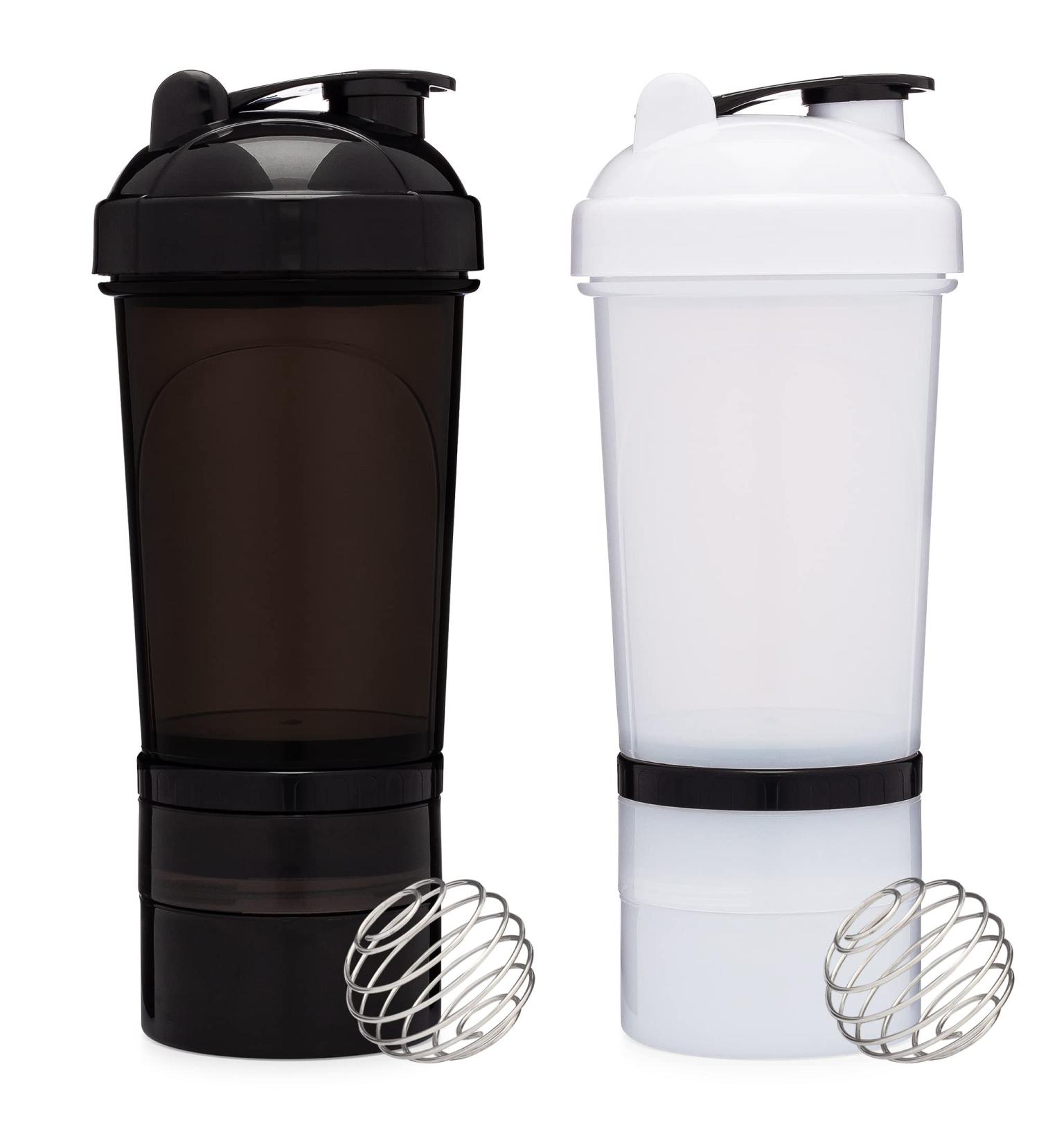2 Pack 20oz Shaker Bottle with Storage Compartments - White & Black | Protein Shaker Cup with Wire Whisk Balls | Attachable Container for Supplements - Buy Online on GoSupps.com