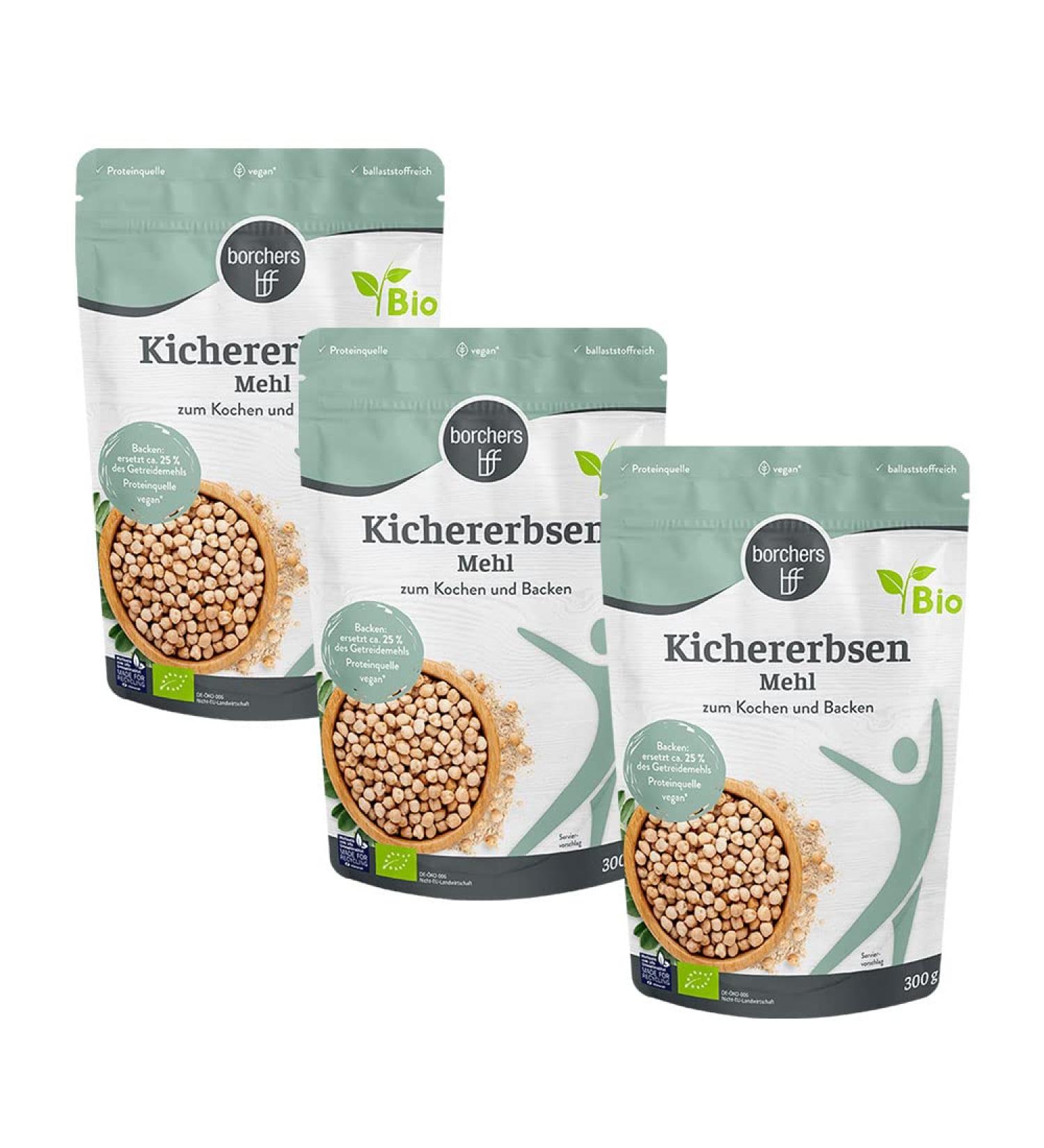 3x borchers organic chickpeas flour |3x 300g |Rich in fiber |Protein source |Ideal for oriental dishes |By nature vegan |900g