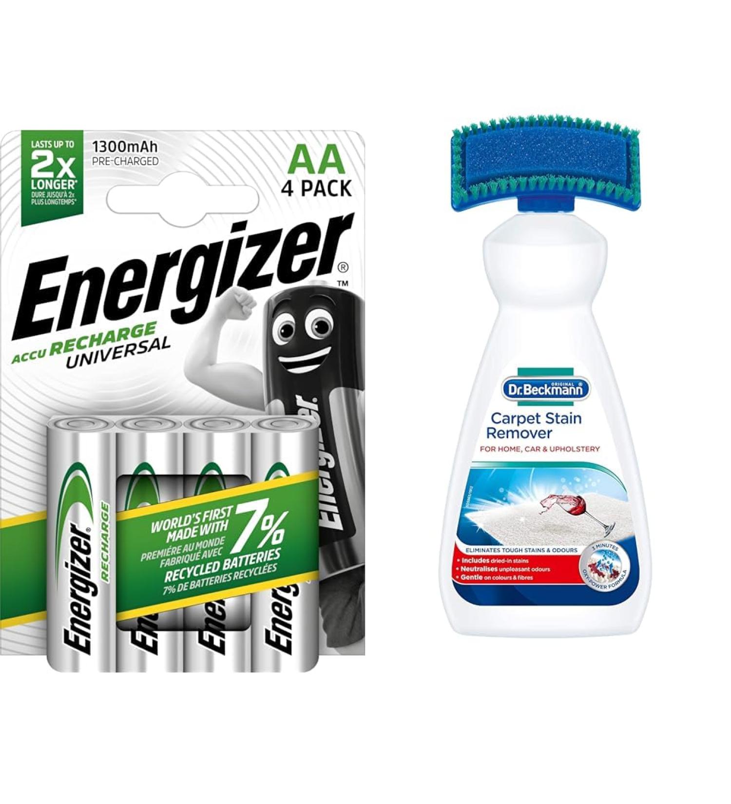 Energizer Rechargeable AA Batteries Universal Double AA Pack of 4 & Dr. Beckmann Carpet Stain Remover | Removes New and Dried-in Stains | Includes Applicator Brush - Buy Online on GoSupps.com