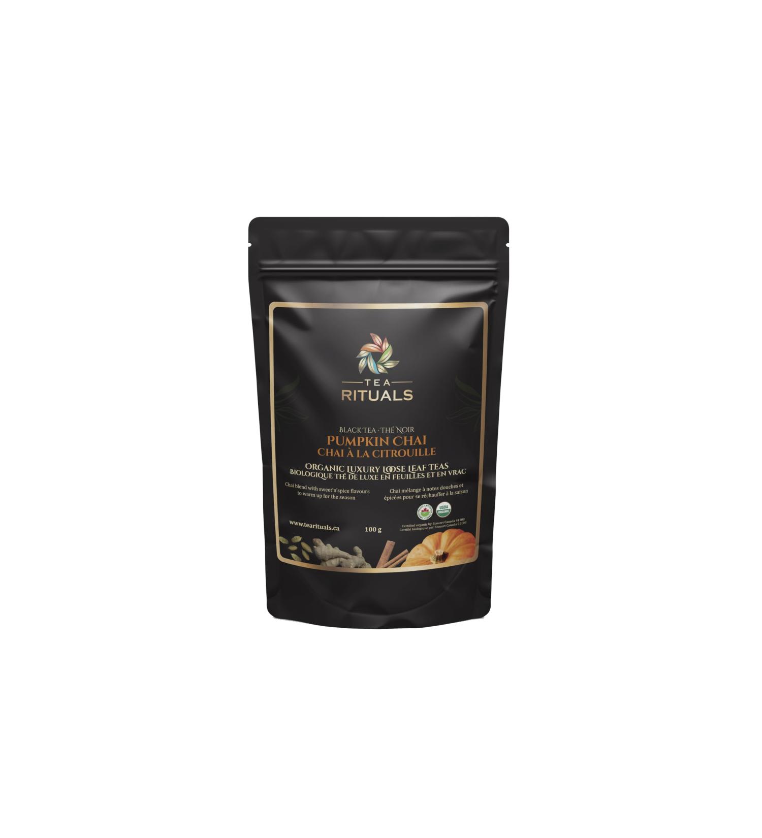 Tea Rituals Pumpkin Spice Black Tea Blend - Organic Loose Leaf Tea - Autumn Halloween Chai - 100g Resealable Pouch (50+ Cups) - Pumpkin Flavored Hot Brew - Buy Online on GoSupps.com