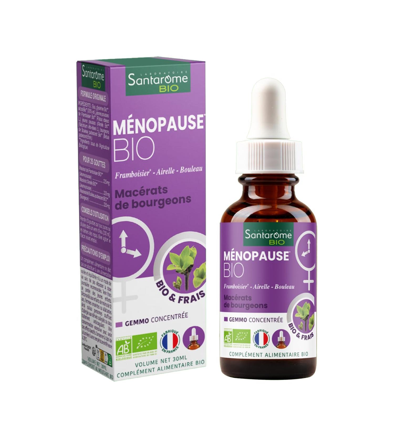 Santarome Bio - Organic Menopause - Bud macerate - Menopause Food Supplement - Gemmotherapy - Raspberry Lingonberry Birch - Bottle 30 ml - France - Buy Online on GoSupps.com