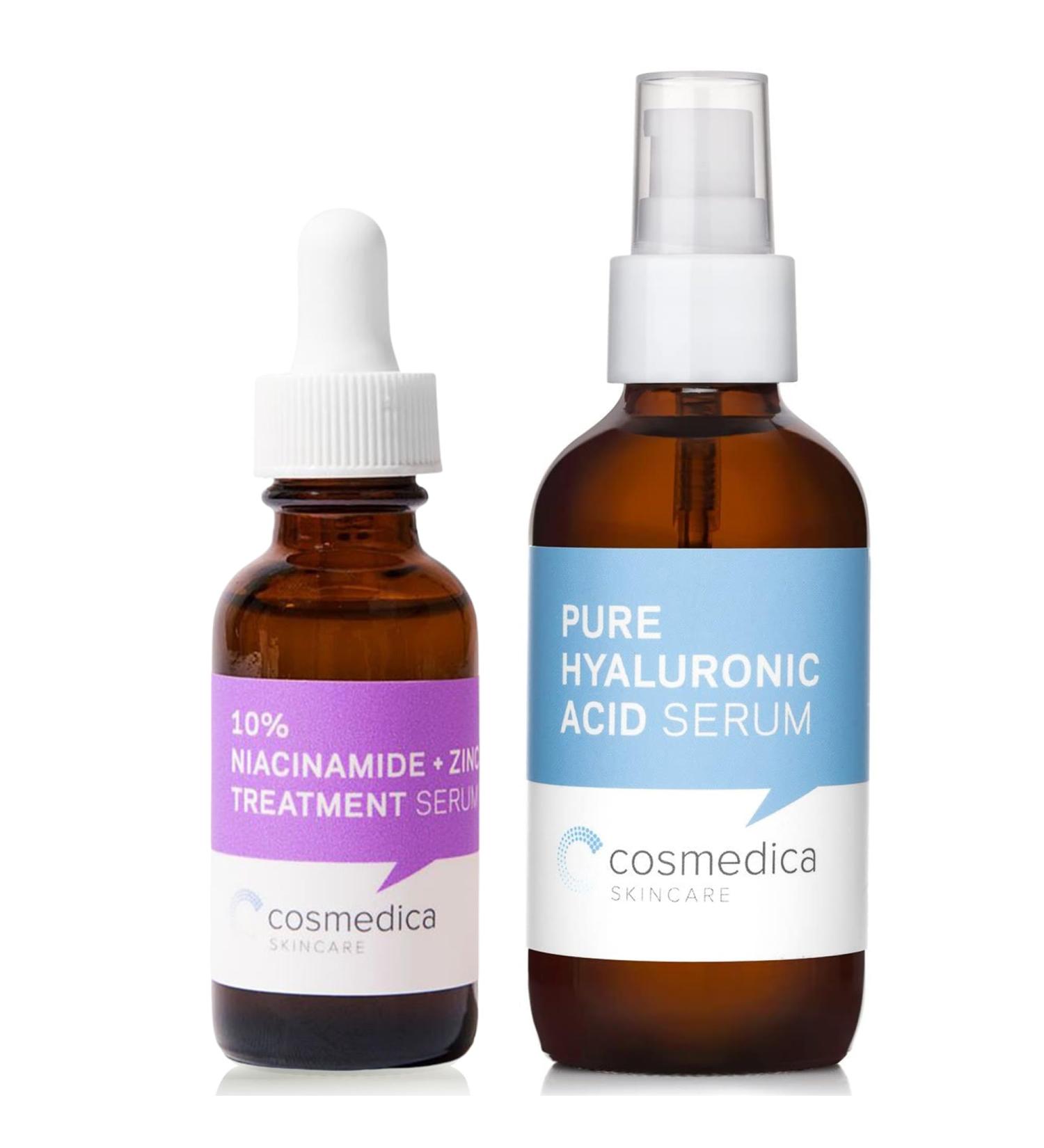 Cosmedica Skincare Niacinamide + Zinc Treatment Serum with Hyaluronic Acid 1 Oz & Pure Hyaluronic Acid Serum for Skin 4 Oz Bundle Hydrating Facial Moisturizer with Anti-Aging Skincare