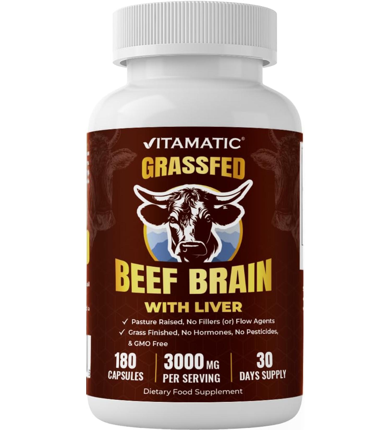 Vitamatic Grass-Fed Beef Brain with Liver 180 Capsules Freeze-Dried, Non-GMO, Bovine Liver Supplement Pasture-Raised, Glandular-Based Formula Brain 180 Count (Pack of 1) - Buy Online on GoSupps.com