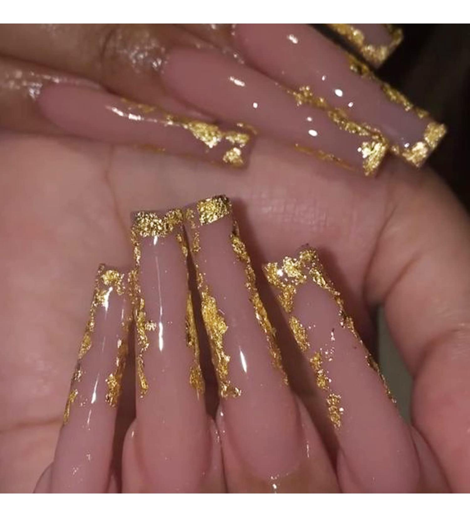 VOTACOS Long Coffin Press on Nails - Nude with Golden Design | False Nails for Women - Glossy Stick on Nails - Buy Online on GoSupps.com