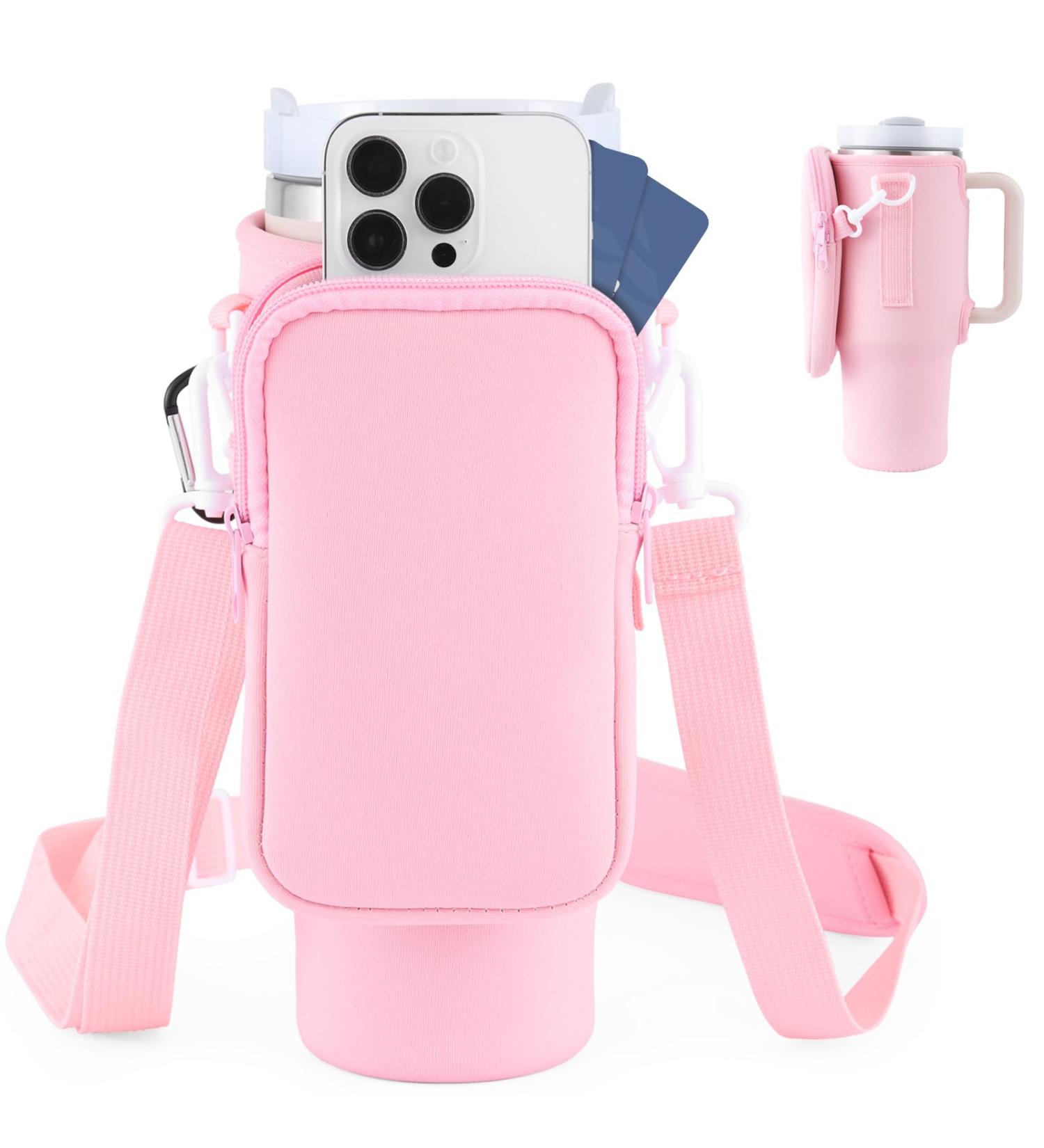 Praoahei Bottle Holder with Bag - Compatible with 40oz Stanley Cup & Thermos Adjustable Strap for Hiking & Cycling - Pink Water Bottle Holder - Buy Online on GoSupps.com