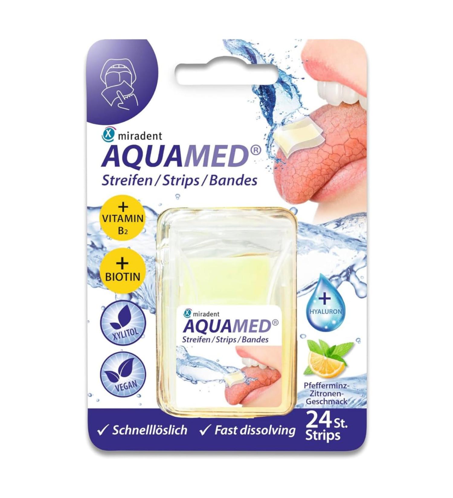 miradent Aquamed Lot de 24 bandes contre la s cheresse buccale | Saveur fra che de menthe poivr e et citron | Sucr es au xylitol | Inhibiteur de plaque dentaire et pr vention des caries - Buy Online on GoSupps.com