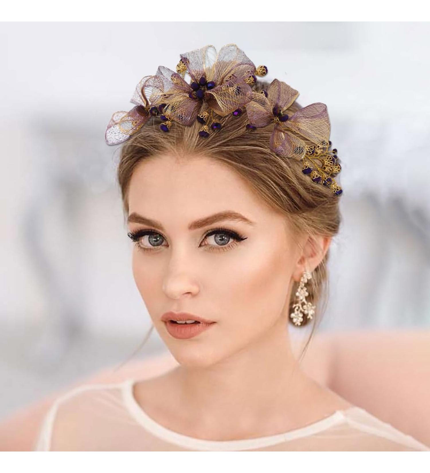 IYOU Bridal Wedding Hair Vine Purple Flower Copper Wire Headband Bridesmaid Guest Hair Accessories for Women - Buy Online on GoSupps.com
