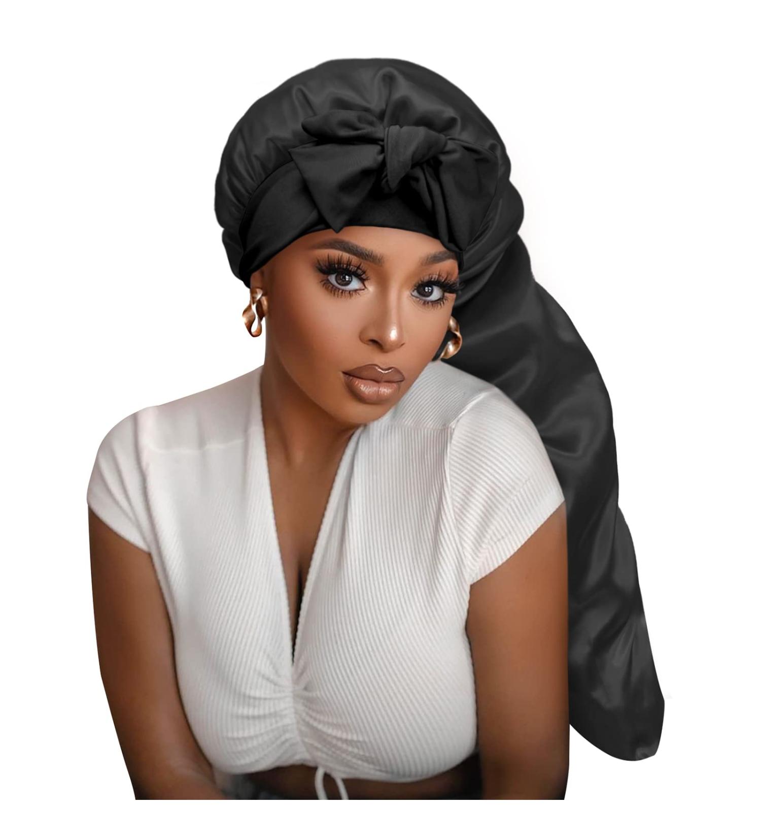 Satin Silk Bonnet Hair Cap - Jumbo Size Long Bonnet for Women - Adjustable Straps - Comfortable Sleep Cap for Long Braid & Curly Hair - No Slip-Off Design (Black) - Buy Online on GoSupps.com