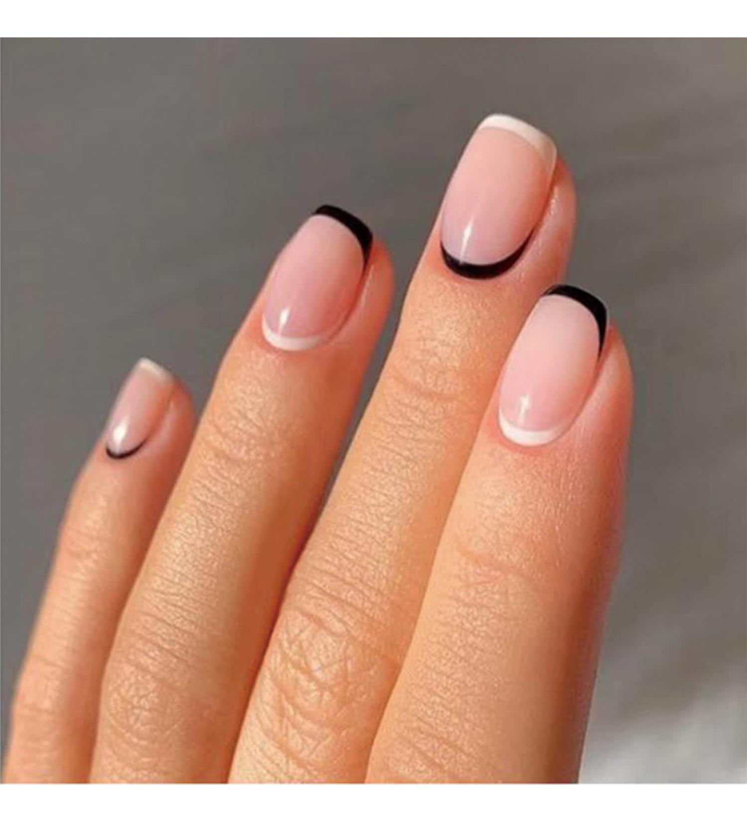 24pcs French Tip Short Stick on Fake Nails - Black Edge | Acrylic Full Cover Press on Nails for Women & Girls - Nail Art Accessories - Buy Online on GoSupps.com