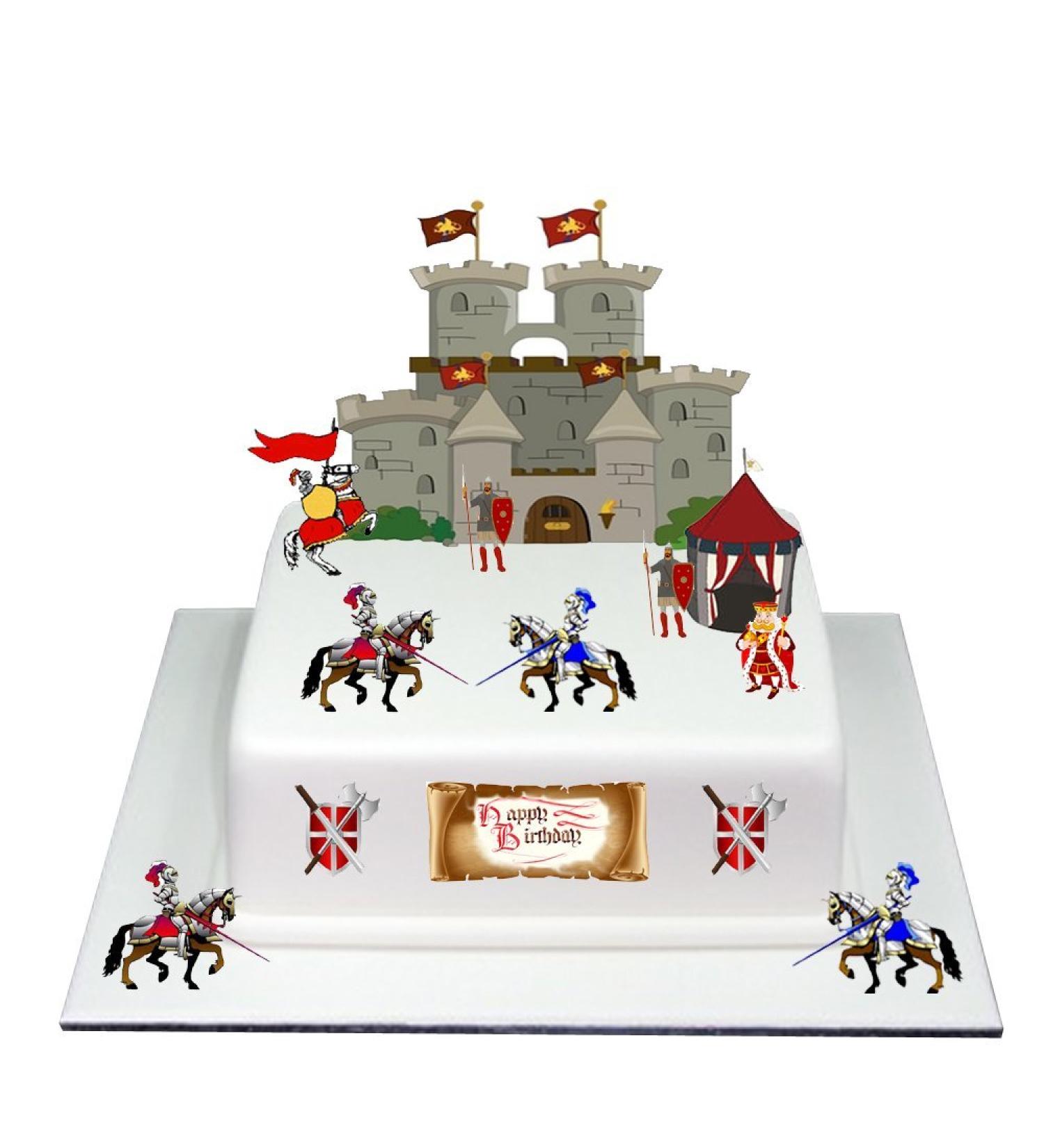 Medieval castle with knights made of edible wafer paper cake topper for birthday for boys and girls