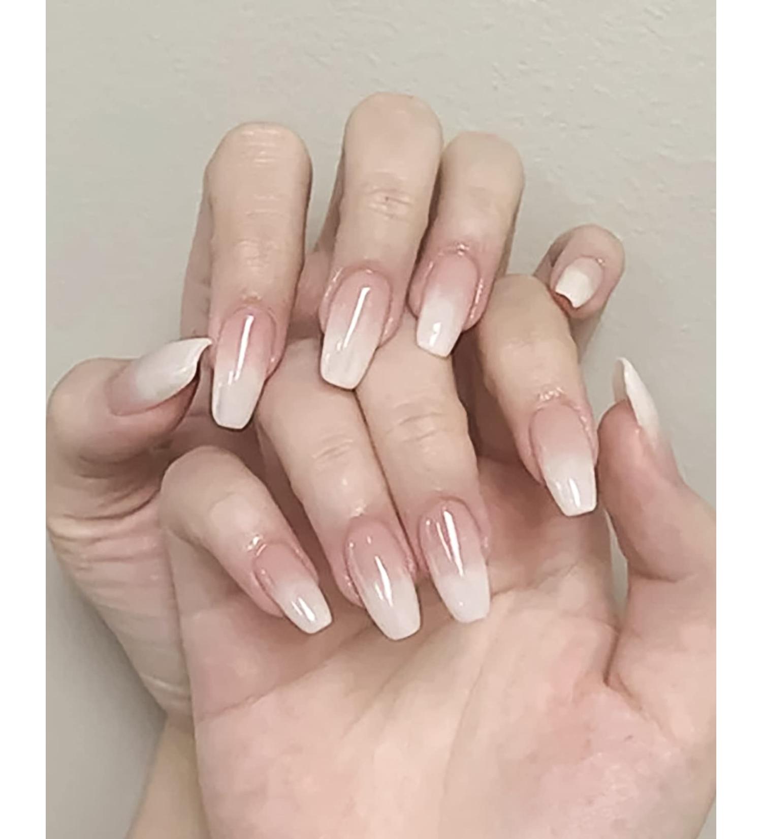 Translucent French Coffin Medium Press-On False Nails Manicure Set - 24PCS Light Pink with Glue | Acrylic Nail Tips Designs for Women - Buy Online on GoSupps.com