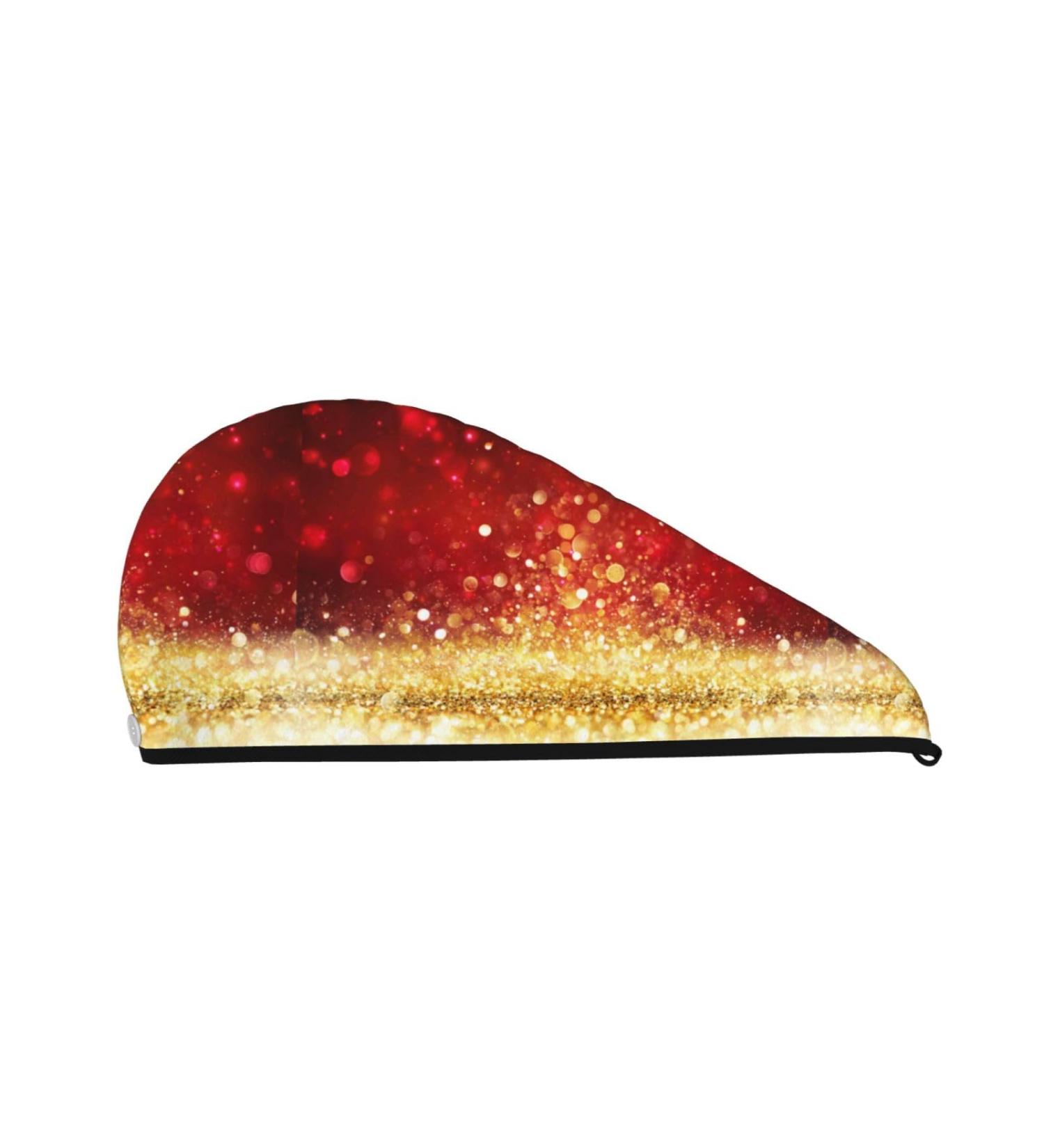 Hair Towel Wrap with Button - Fast Drying Hair Turban - Red Gold Glitter Head Towel - Buy Online on GoSupps.com