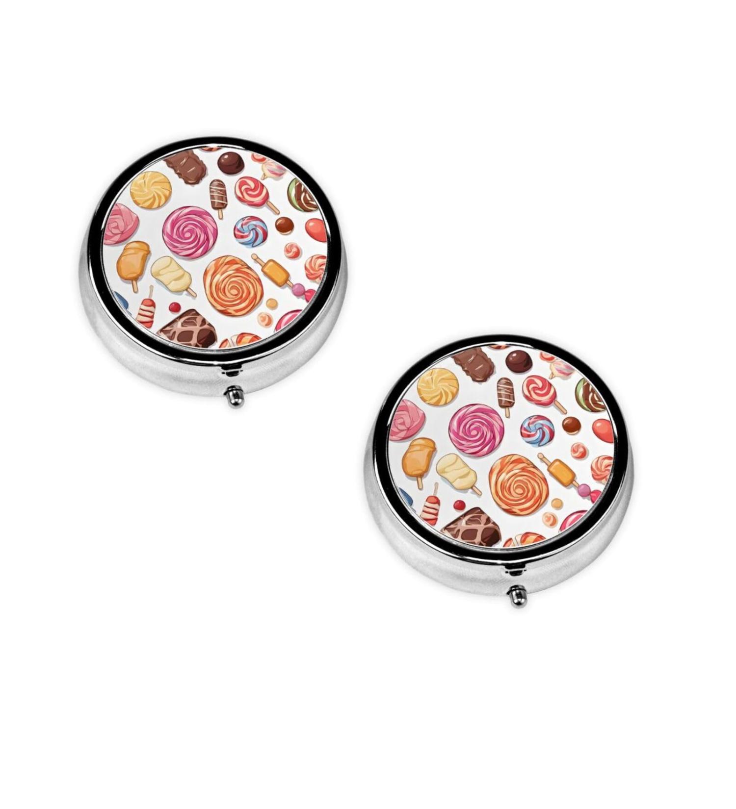 Colorful Sweet Lollipop Cupcake Donut Round Pill Box - 3 Compartment Mini Decorative Travel Pill Organizer for Medicine & Vitamins - Buy Online on GoSupps.com