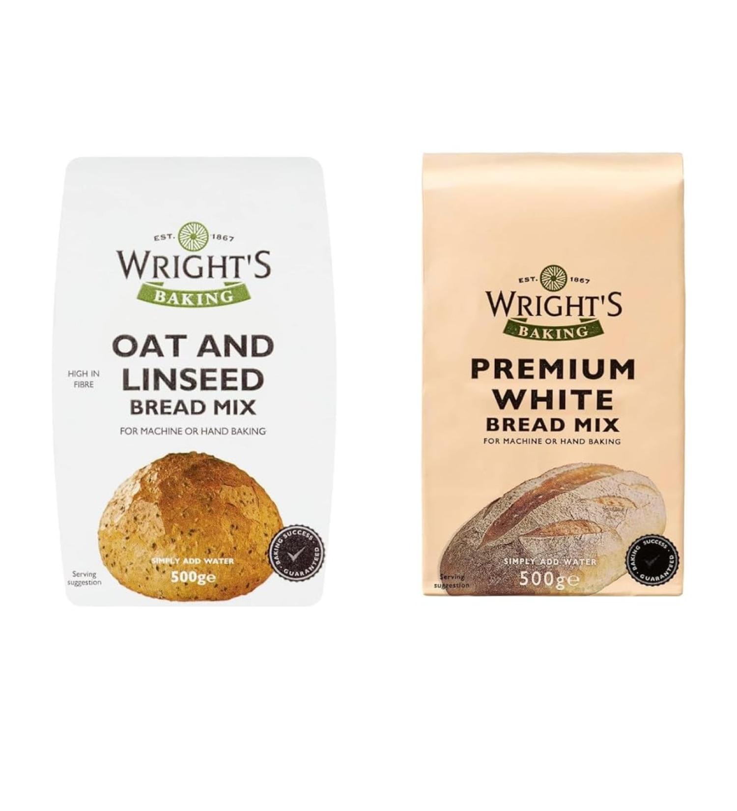 Wright's | Oat & Linseed Bread Mix And Premium White Bread Mix 500g | For Machine or Hand Baking | Suitable for Vegetarians - Buy Online on GoSupps.com