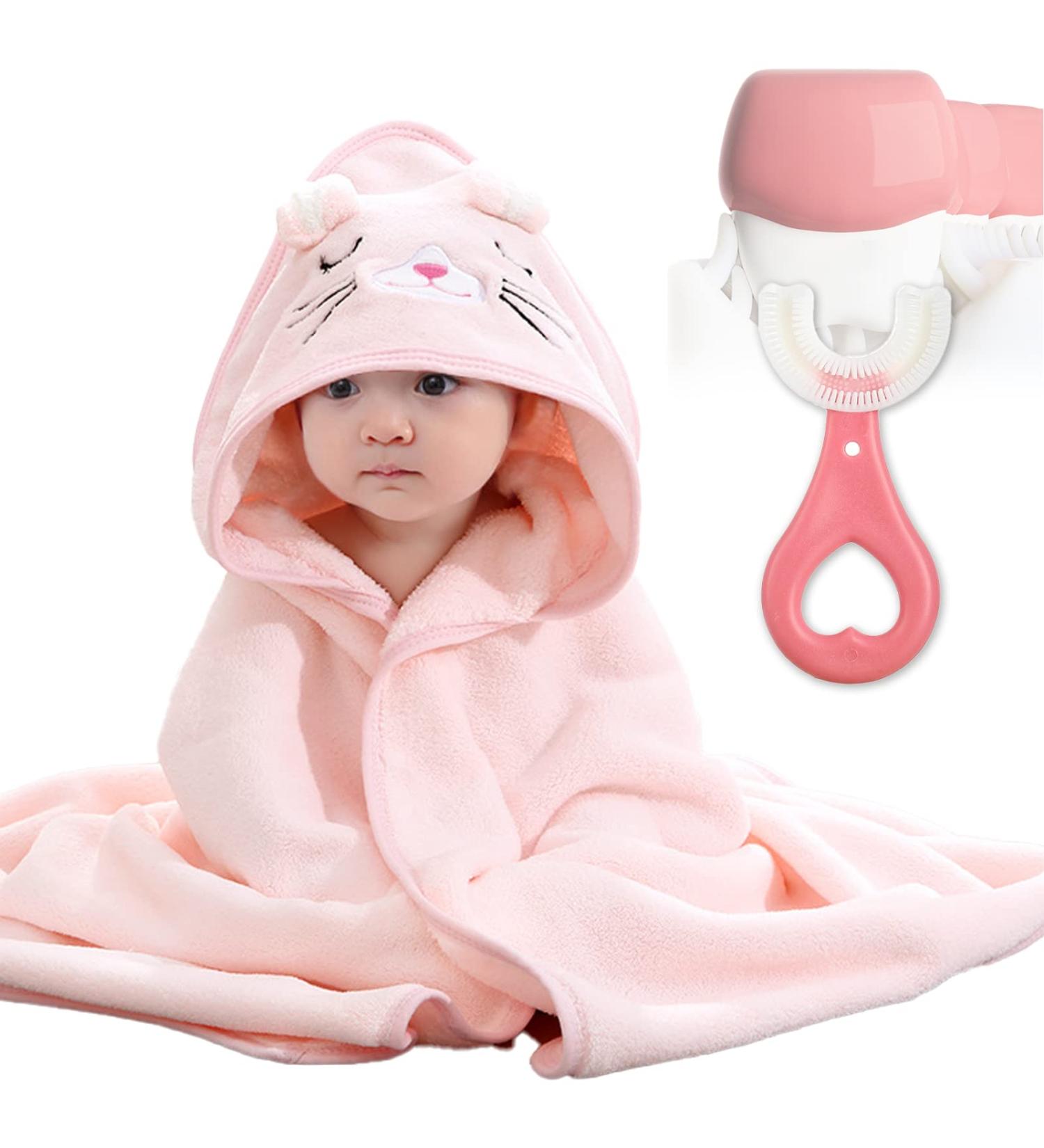 KDDSSS 2PCS Hooded Baby Towel Set - Animal Design Bathing Towels for Newborns, Soft & Absorbent - Pink - Buy Online on GoSupps.com