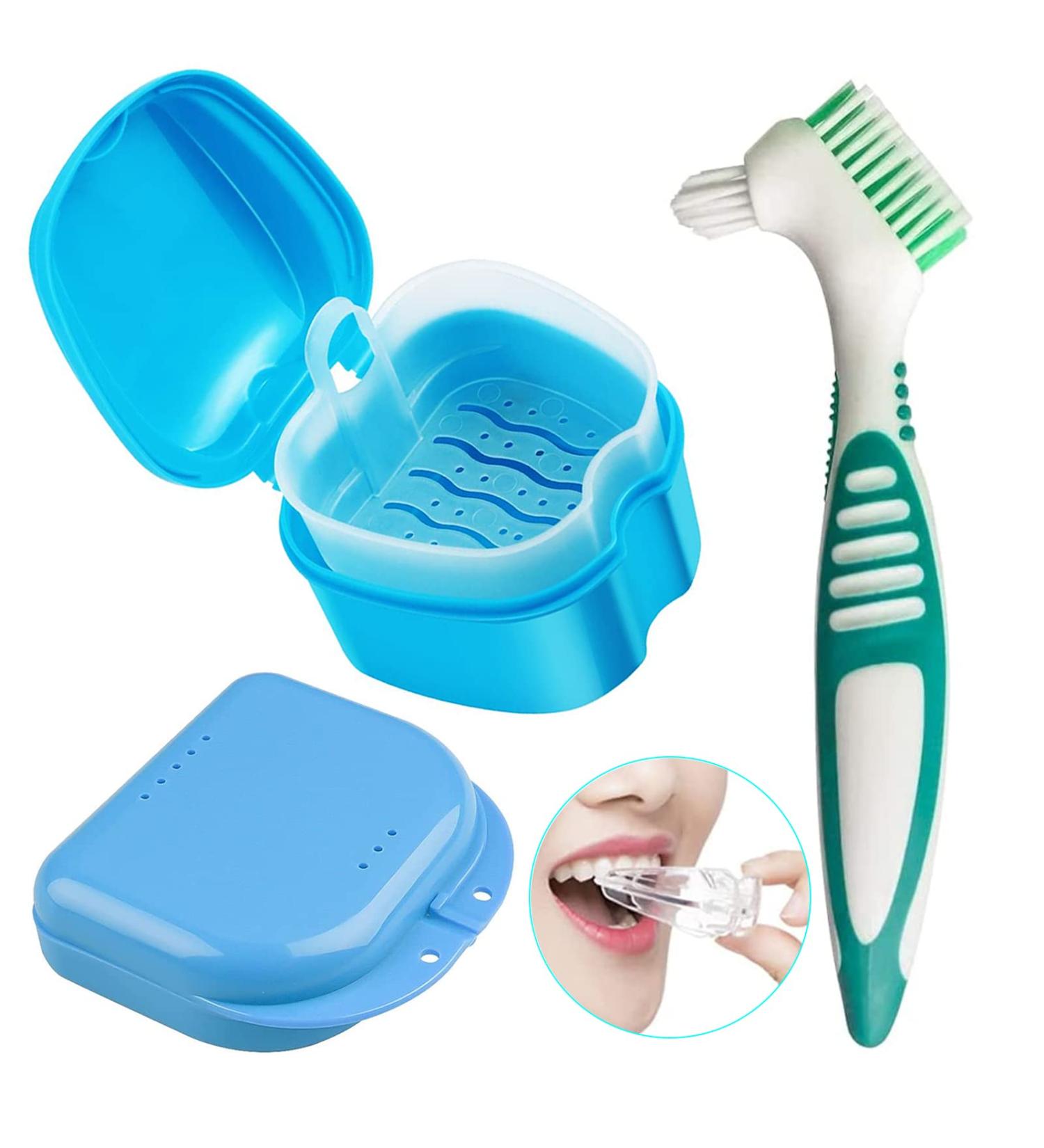 3PC Dental Prostheses Travel Box - Cleaner Brush & Storage for Dentures & Braces - Light Blue - Buy Online on GoSupps.com