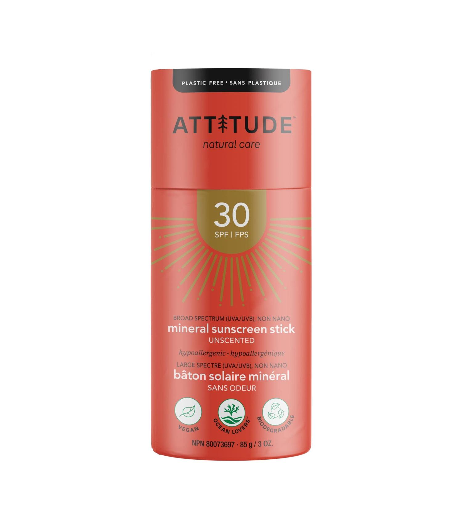 ATTITUDE Sunscreen Stick SPF 30 - Vegan Cruelty-Free Broad Spectrum UVA/UVB Protection Plant-Based Ingredients - Unscented Sun Care 3 oz - Buy Online on GoSupps.com