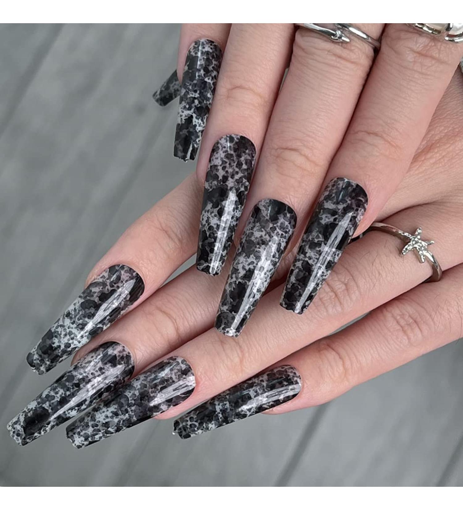 Sethexy Long Ballerina False Nails | Shiny Multicolored Press-On Fingernails | 24 Art Nail Tips for Women & Girls - Pitch Black - Buy Online on GoSupps.com