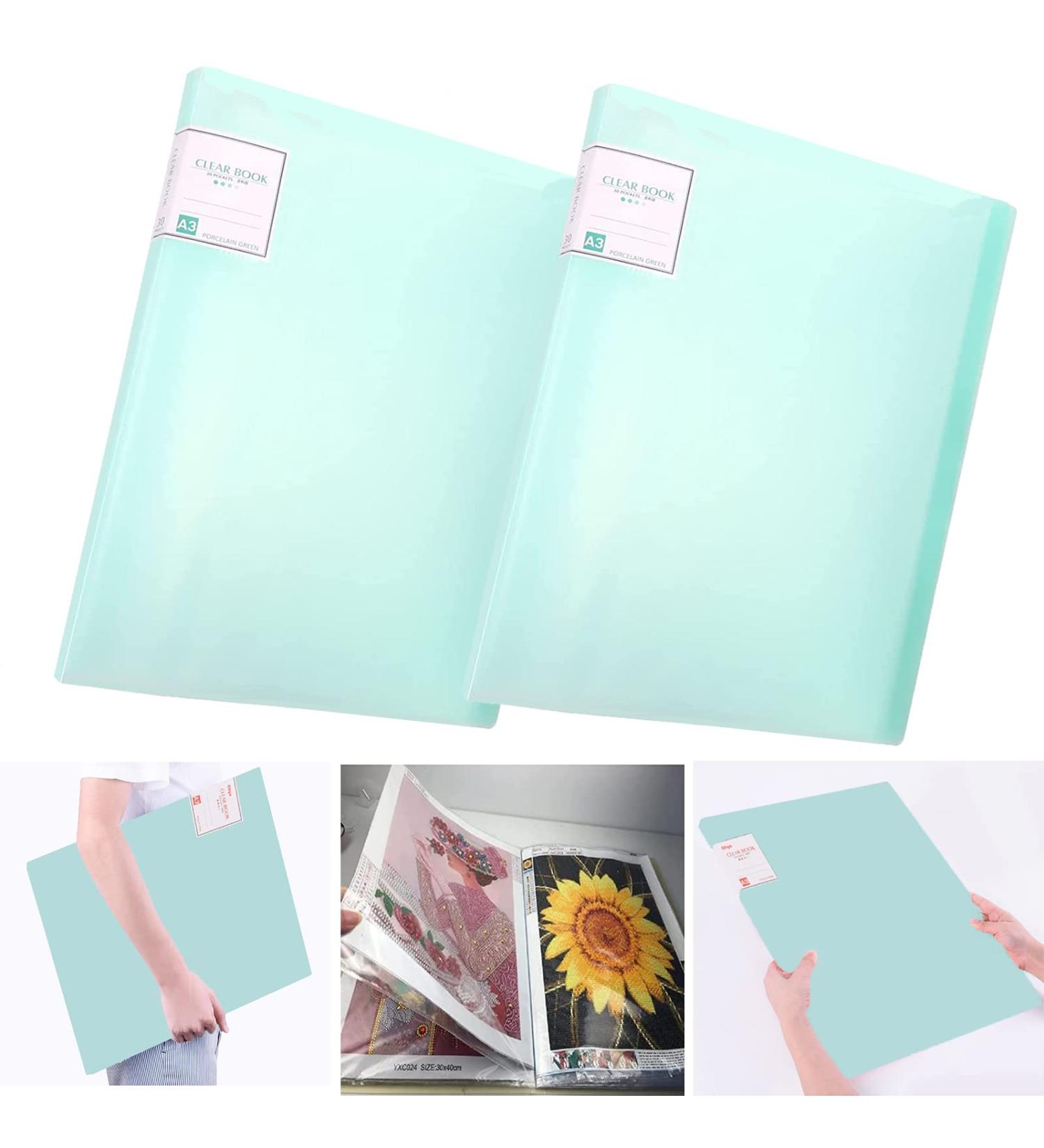 2Pcs A3 Diamond Painting Storage Book with 30 Clear Pocket Sleeves - Green | Portable Art Portfolio Folder for Large Artwork, Reports, and Posters - Buy Online on GoSupps.com