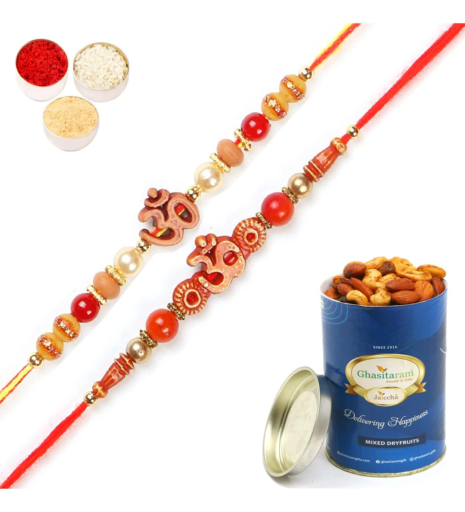 Ghasitaram Gifts Rakhi for Brother Rakhis Online - Set of 2 5504 6037 Om Rakhi Threads with 100 GMS of Dryfruits Mix Can - Buy Online on GoSupps.com