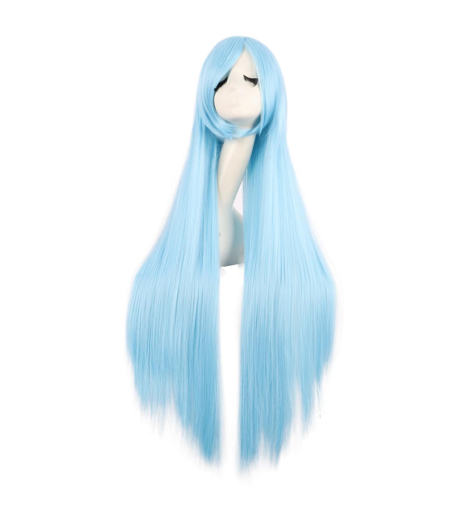 MapofBeauty 40 Inch Unique Long Women's Cosplay Wig - White & Azure Blue Straight Hair - Buy Online on GoSupps.com