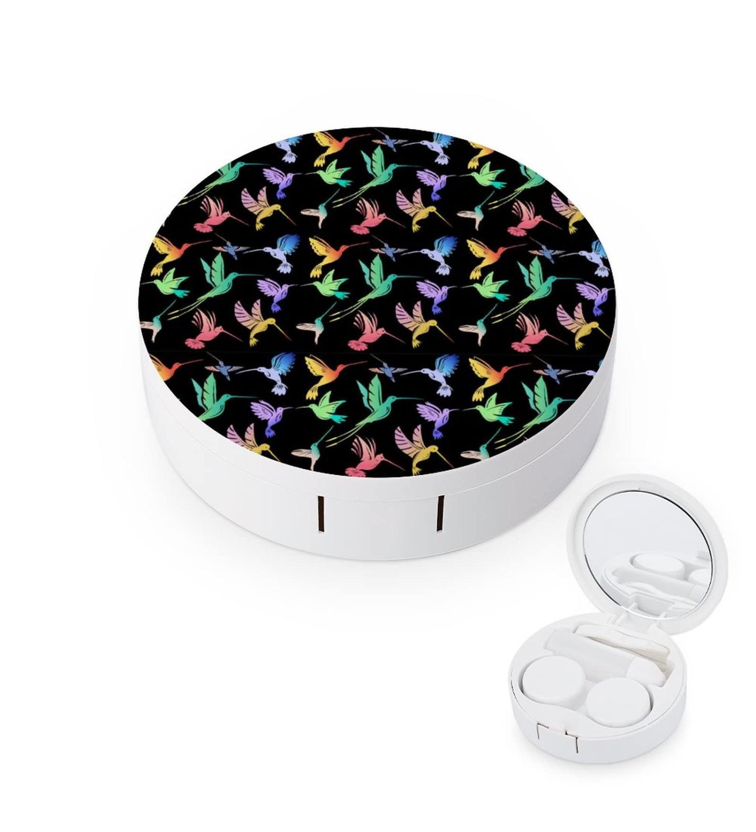 Colorful Flying Hummingbirds Round Case For Contact Lens Kit Storage Box with Mirror Printed - Buy Online on GoSupps.com