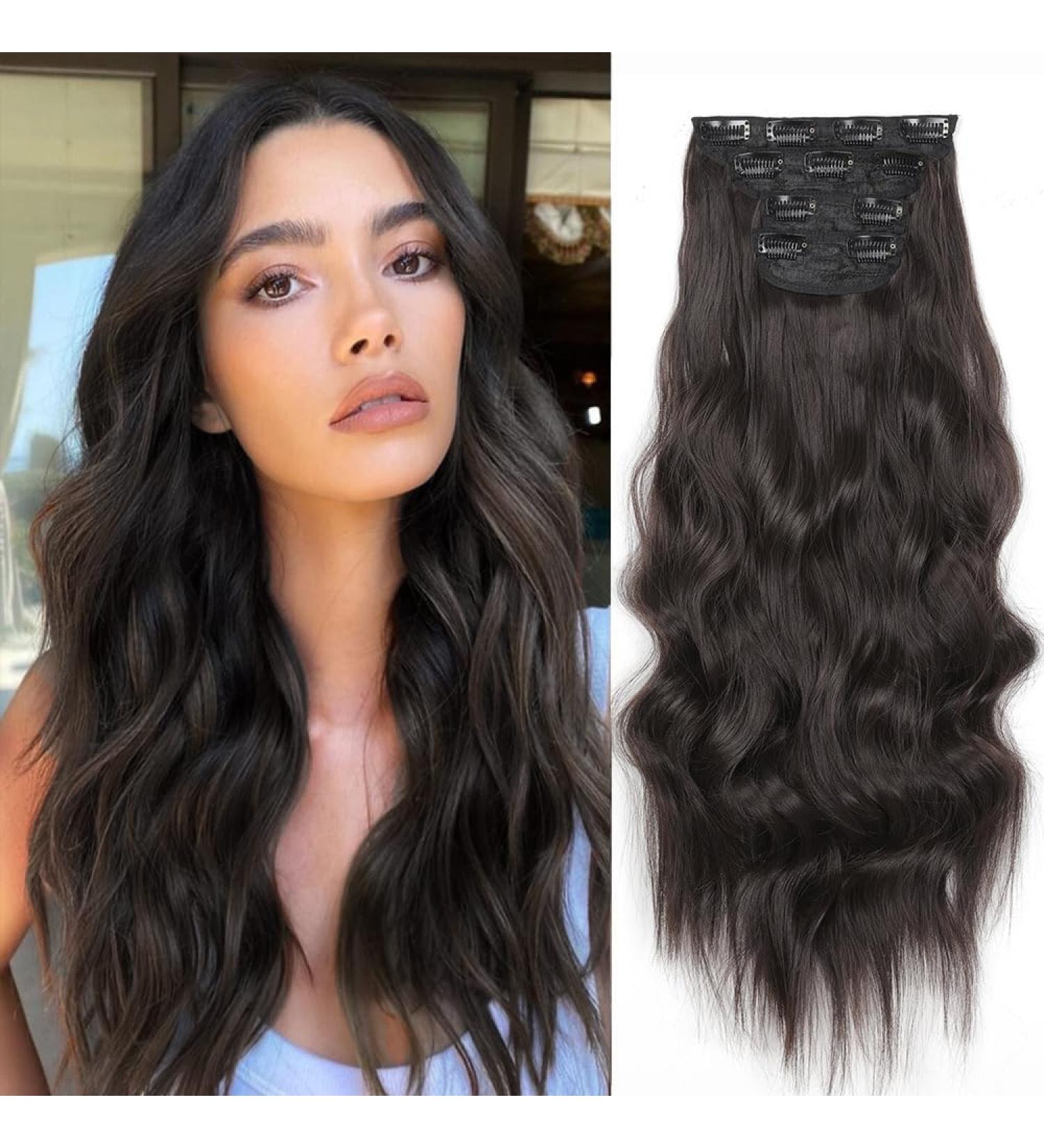 Yddm 20-Inch Dark Brown Wavy Clip-In Hair Extensions Full Head Realistic Look Affordable Synthetic Clips for Women 4PCS - Buy Online on GoSupps.com