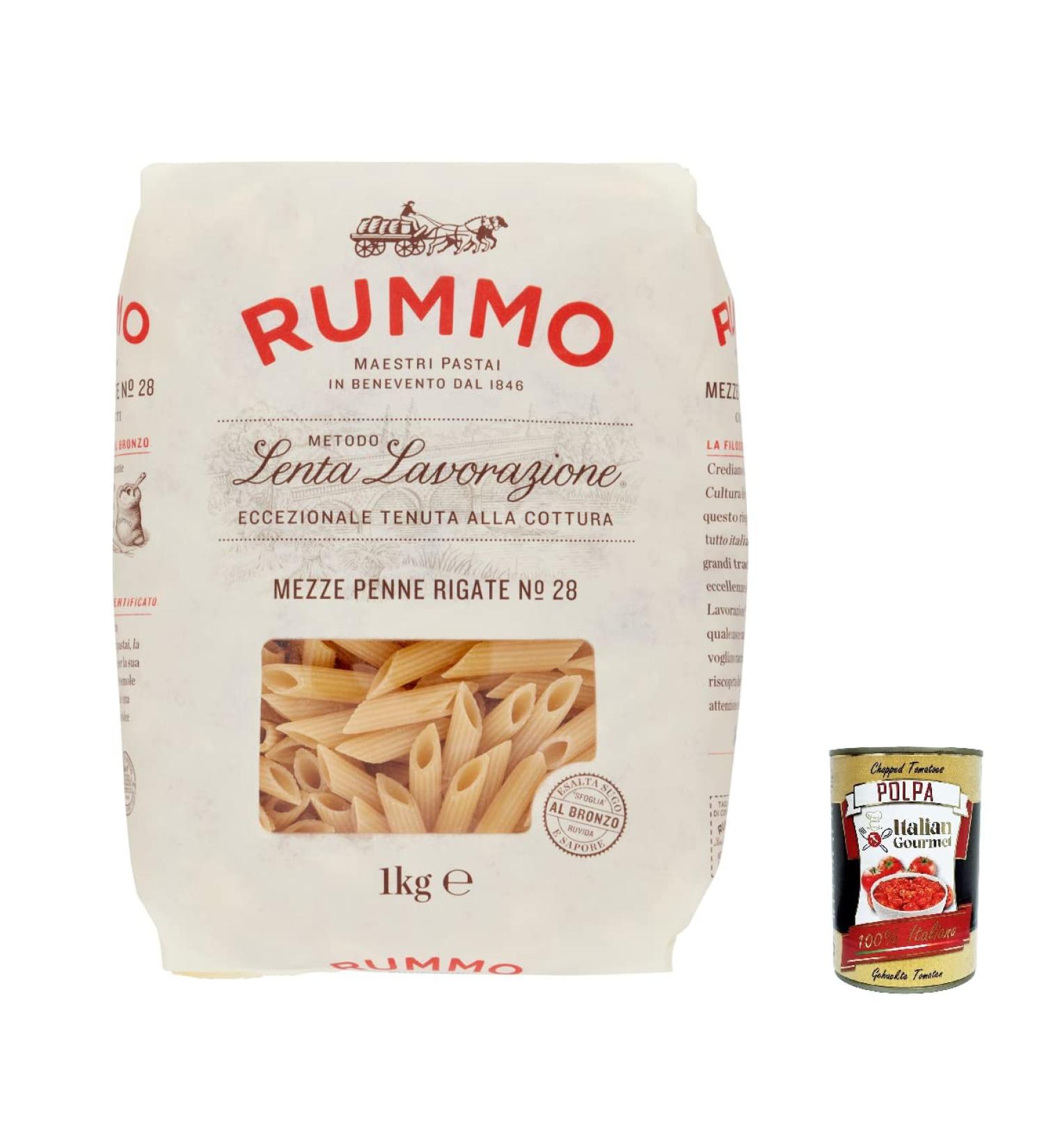  Italian Gourmet E.R. Rummo Mezze Penne Rigate N. 28 Durum Wheat Semolina Pasta 1 kg + Box Italian Gourmet Tomato Pulp 400 g - Buy Online on GoSupps.com