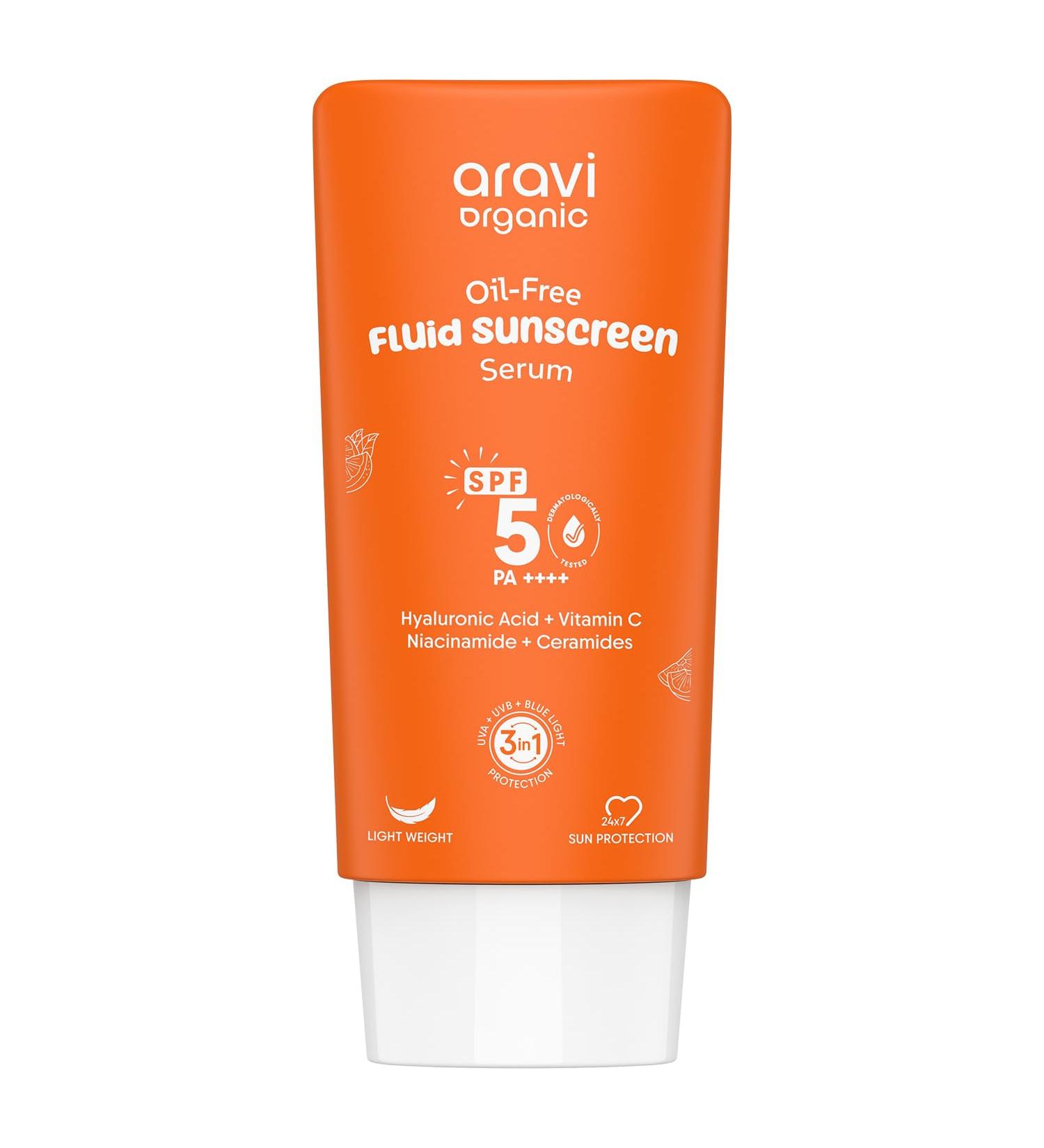 Aravi Organic Oil-Free Fluid Sunscreen SPF 50 PA++++ | (In-Vivo) Dermatologically Tested | Ultra-Light No White Cast | Broad Spectrum Protection | Hyaluronic Acid & Vitamin C - 1.6 FL Oz / 50ml - Buy Online on GoSupps.com