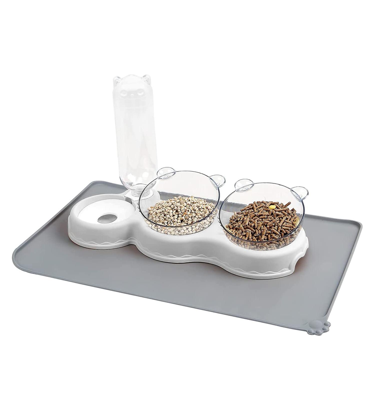IFOUG Triple Cat Bowls Set with Waterproof Mat - Tilted Raised Food Dishes, Automatic Water Bottle - for Cats and Small Dogs (White) - Buy Online on GoSupps.com