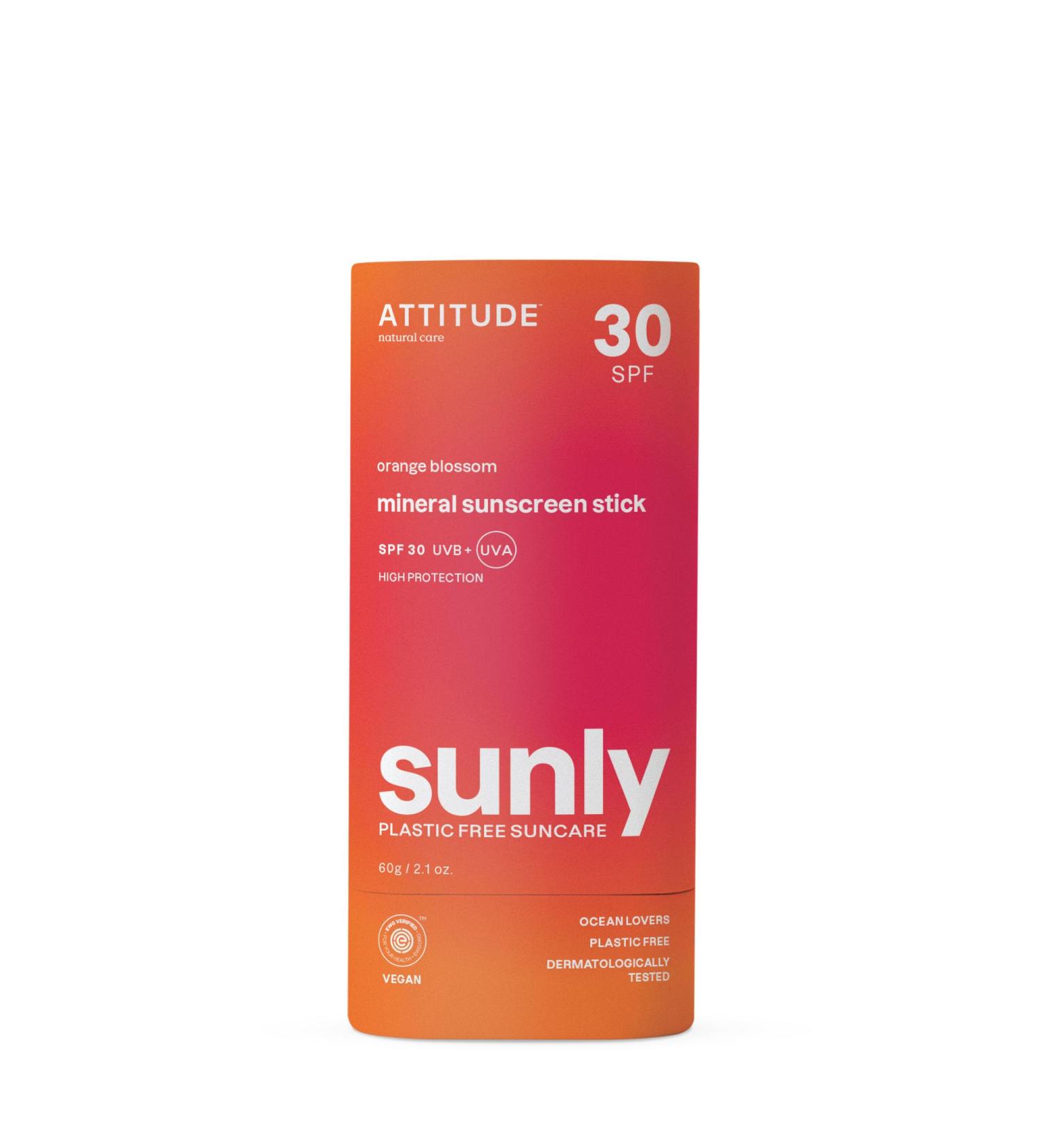  ATTITUDE ATTITUDE Mineral Sunscreen Stick with Zinc Oxide SPF 30 EWG Verified Plastic-Free Broad Spectrum UVA/UVB Protection Dermatologically Tested Vegan Orange Blossom 60g - Buy Online on GoSupps.com