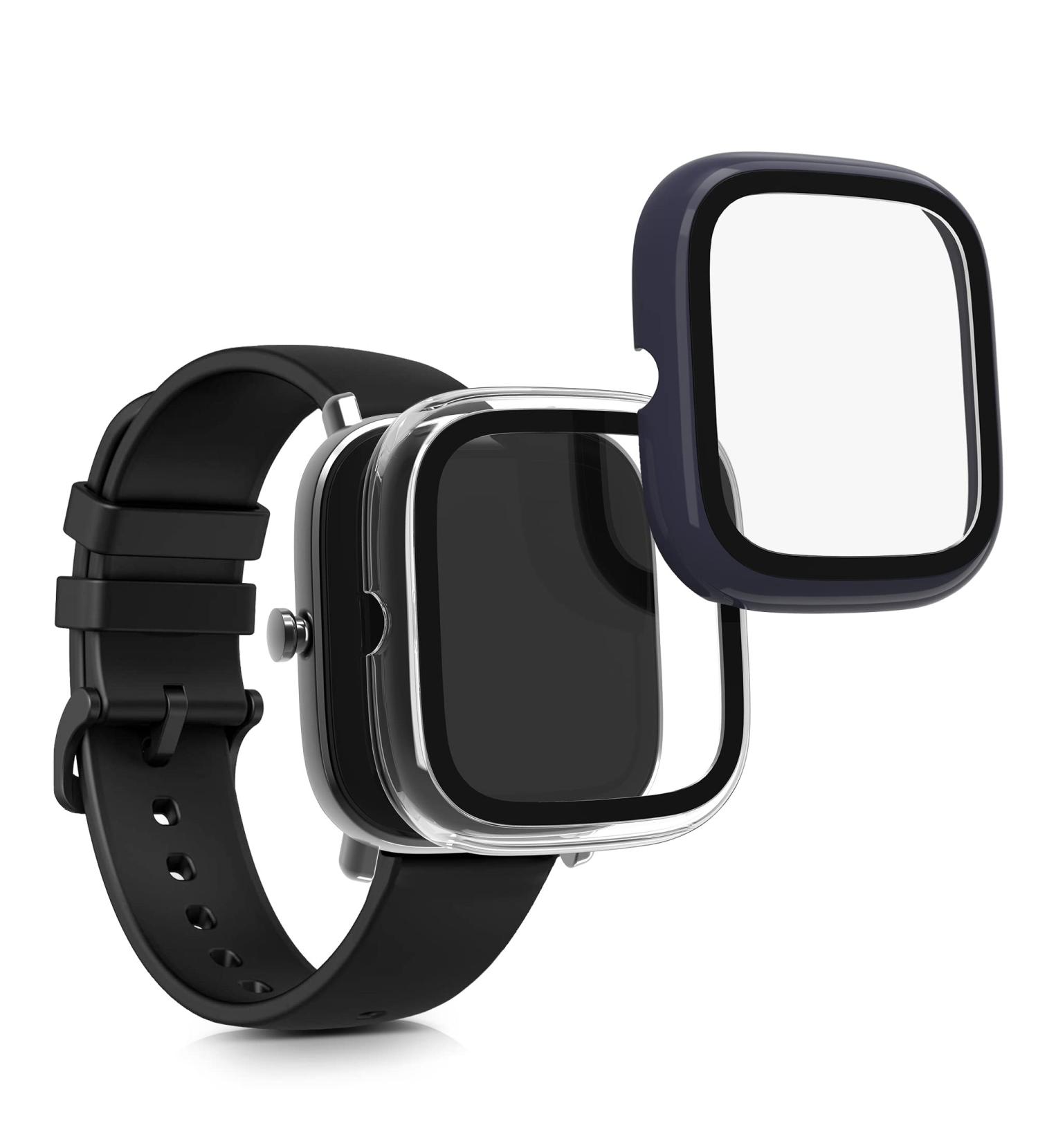 kwmobile Huami Amazfit GTS 2 Mini Cover Set - Tempered Glass with Plastic Frame - Dark Blue/Transparent (2-Pack) - Buy Online on GoSupps.com