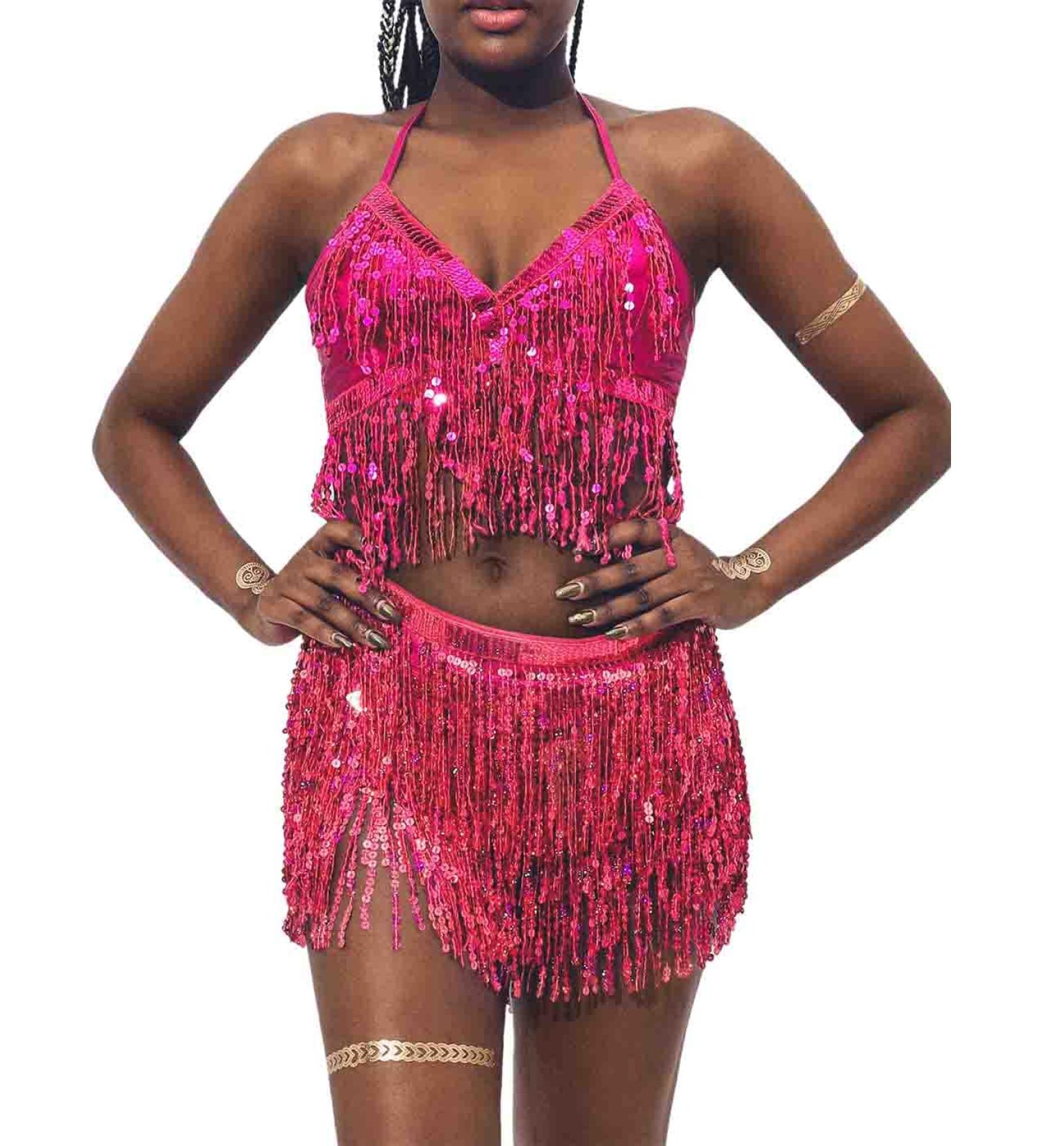 Zoestar Sequin Hip Scarf with Bra Top Dance Costume - Rose Red - Buy Online on GoSupps.com