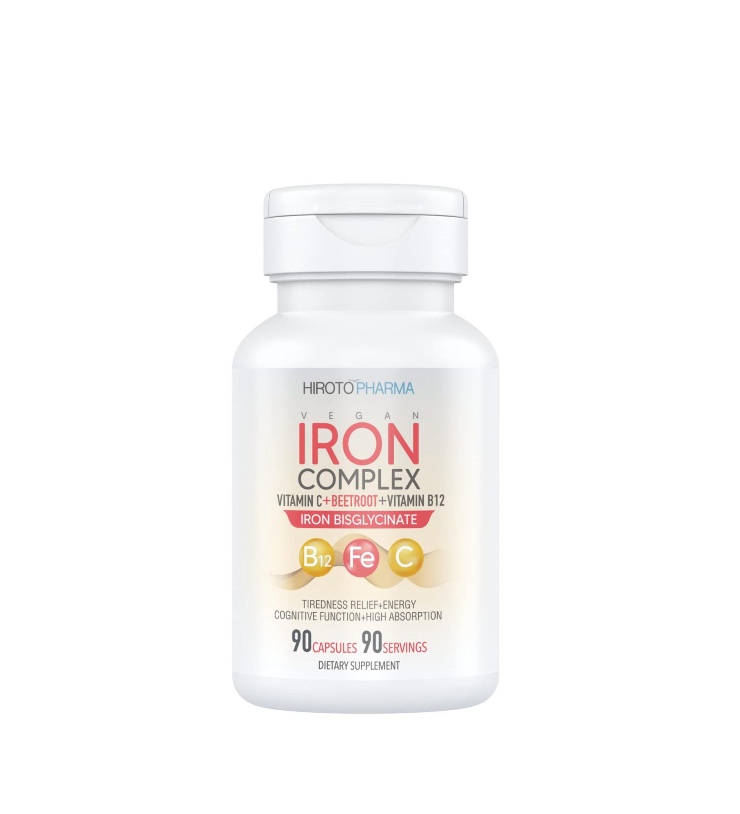 Hiroto Pharma Iron Complex (90 Capsules) - 26mg Iron, Vitamin B12, Vitamin C, Beetroot - Vegan Energy & Focus Supplement - Made in the USA - Buy Online on GoSupps.com