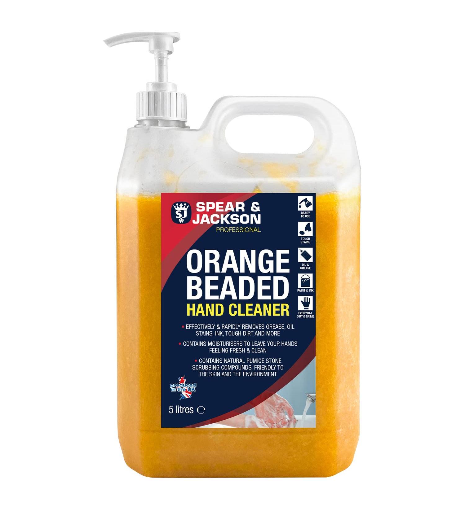 Spear & Jackson Orange Beaded Hand Cleaner 5L With Moisturiser - Effectively Rapidly Removes Grease Oil Stains Ink Tough Dirt And More - Contains Natural Pumice Stone