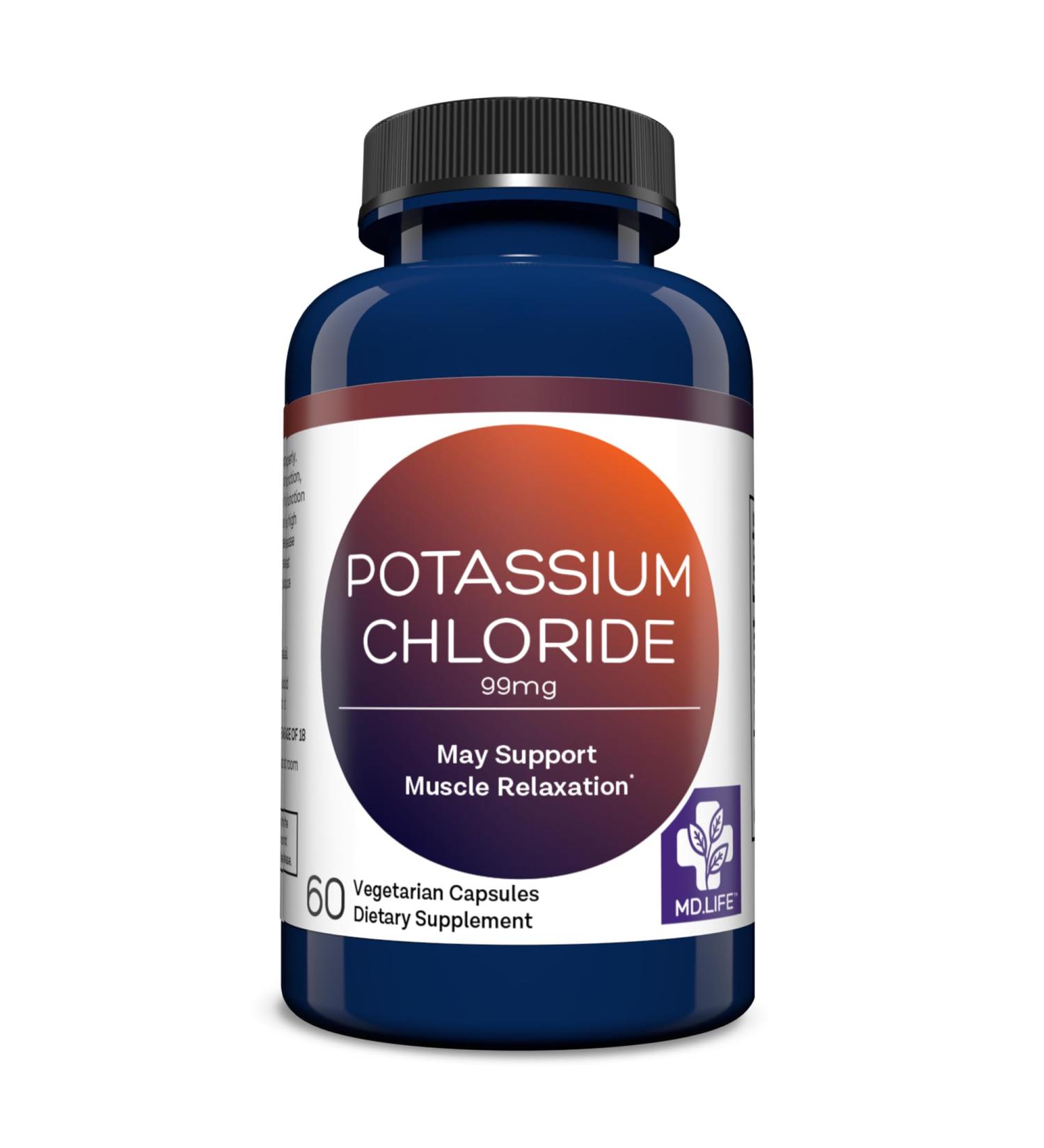 MD. Life Potassium Chloride Supplement 99mg 60 Capsules Vegetarian Potassium Chloride Capsules Supports Muscle Function & Healthy Blood Pressure Third-Party Lab Tested - Buy Online on GoSupps.com