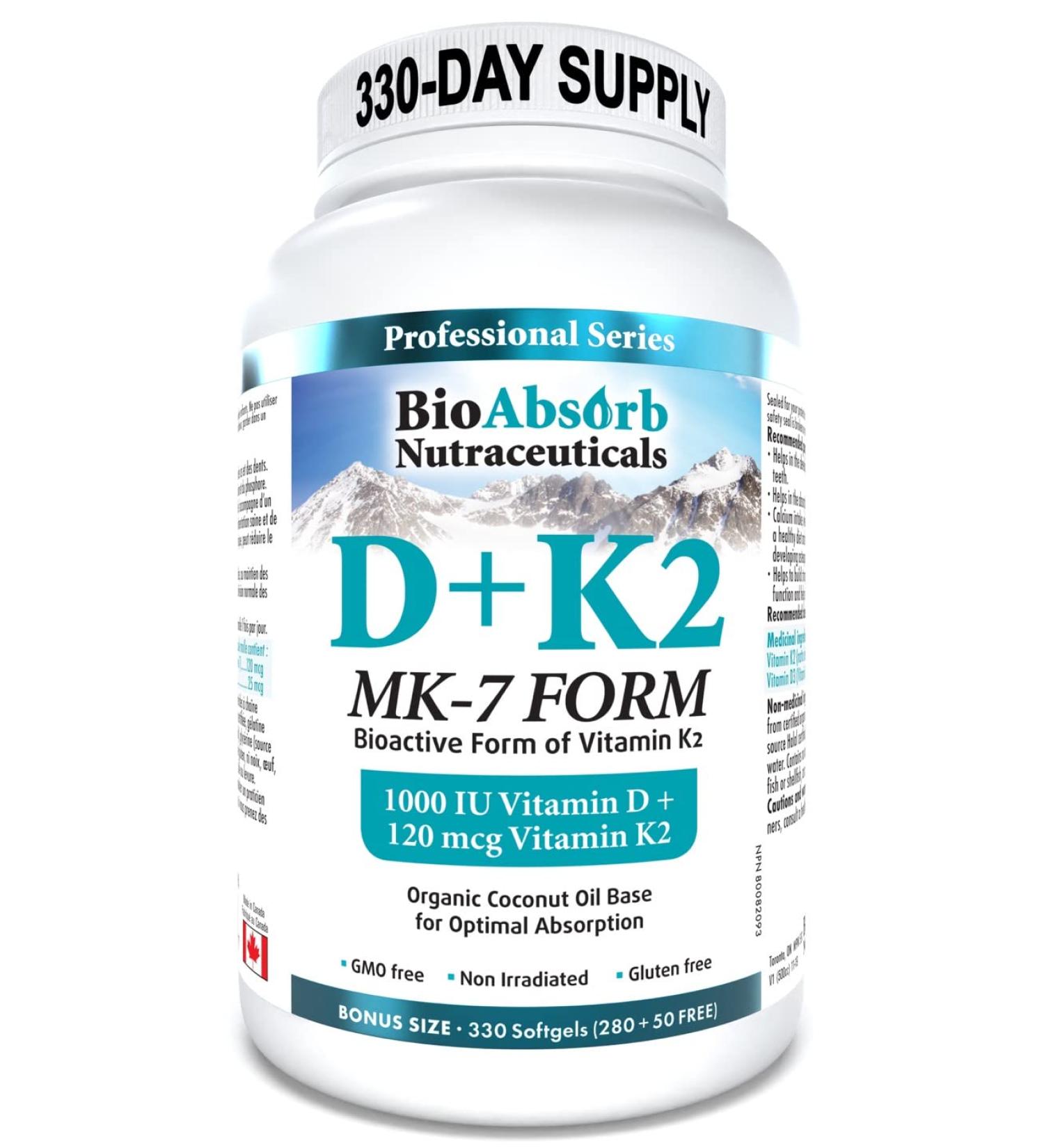 Vitamin D3 1000 IU + Vitamin K2 MK-7 (120 mcg). 330-Day Supply Of Vitamin D3 K2. Organic Coconut Oil Base For Optimal Absorption of K2 D3 Vitamin Supplement (330 Softgels of Vitamin D K2) - Buy Online on GoSupps.com