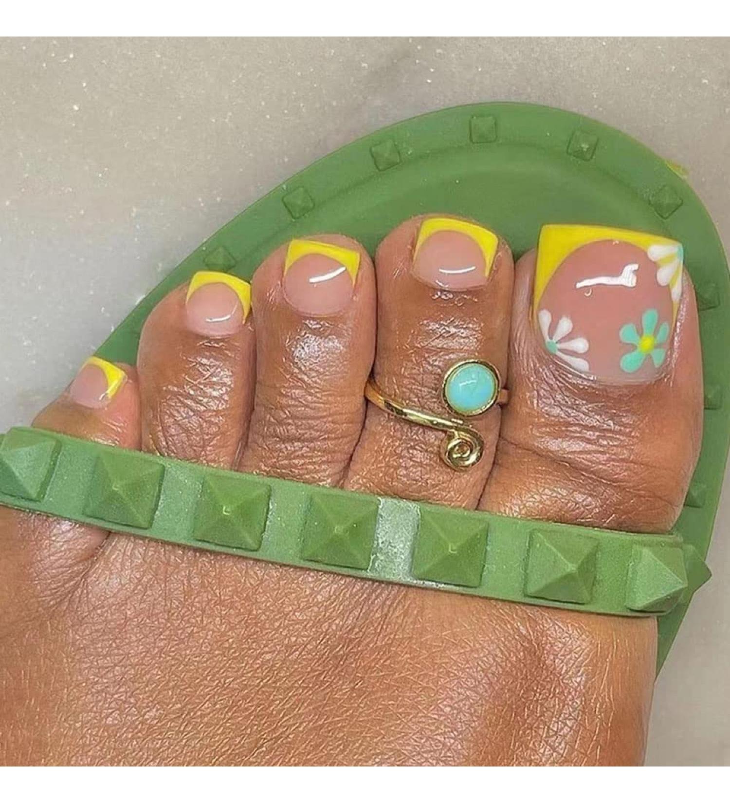 Yellow Tips French Fake Toenails with Designs - 24pcs Short Square Fashion False Toe Nails for Women - Buy Online on GoSupps.com